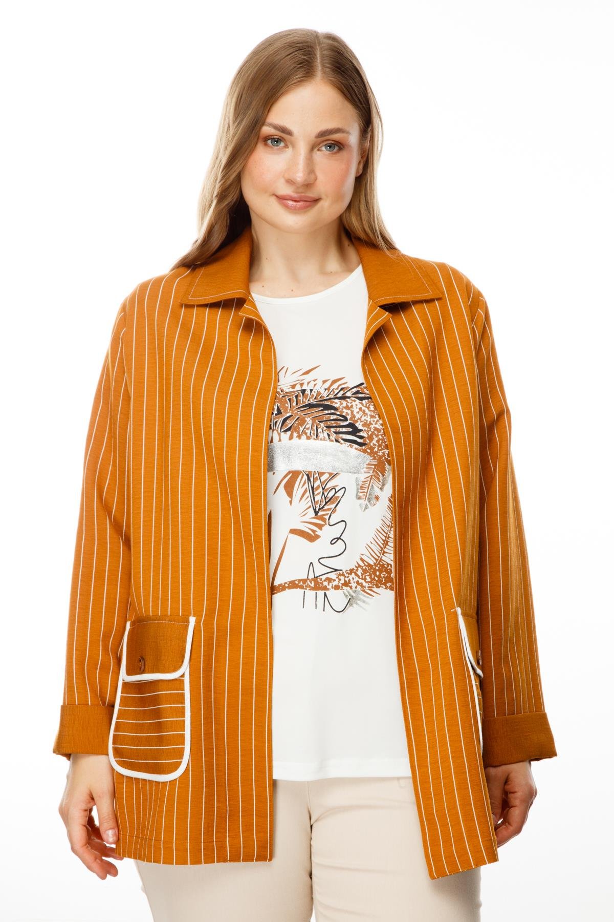 Modailgi  Çizgili Erkek Yaka İkili Ceket Tarçın