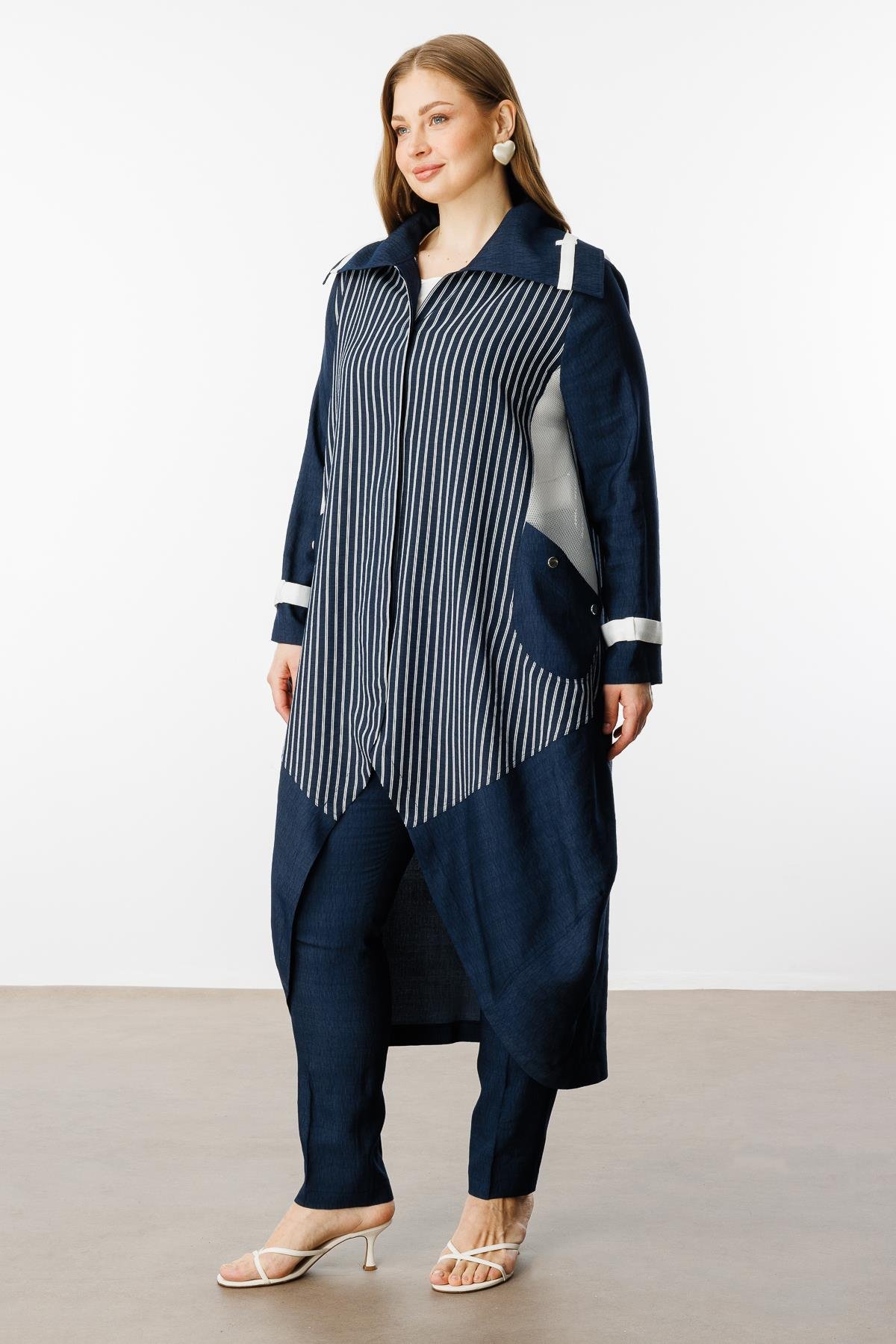 Modailgi  Çizgili File Detaylı Kap Lacivert