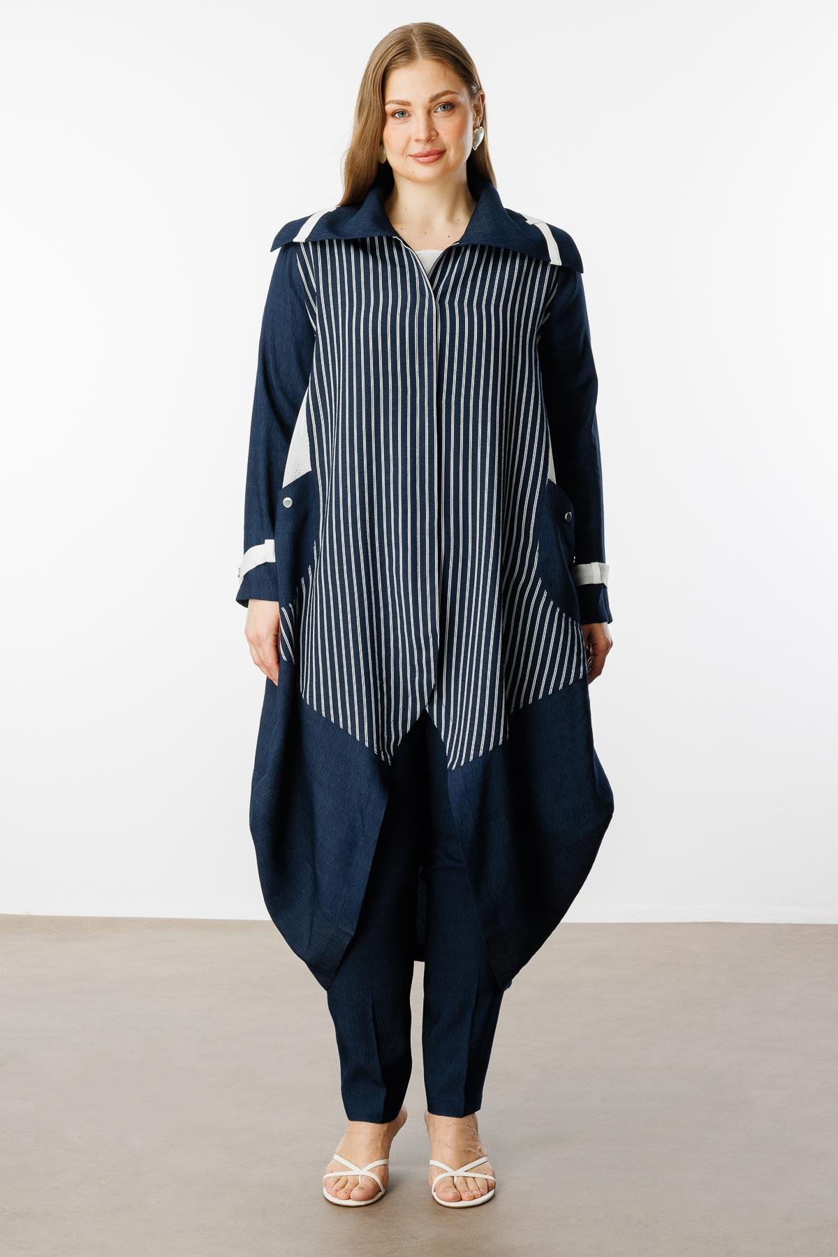 Modailgi  Çizgili File Detaylı Kap Lacivert