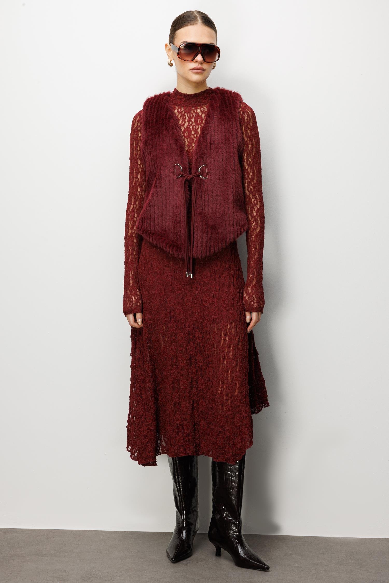 Modailgi  Çizgili Kısa Peluş Yelek Bordo