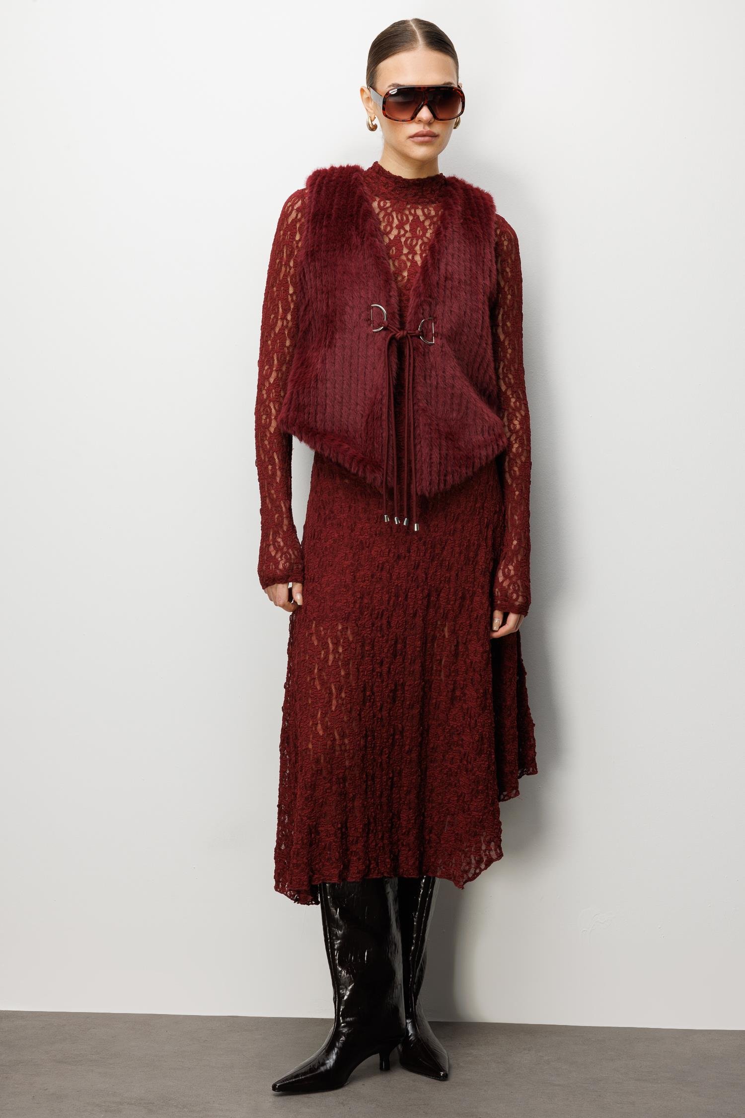 Modailgi  Çizgili Kısa Peluş Yelek Bordo