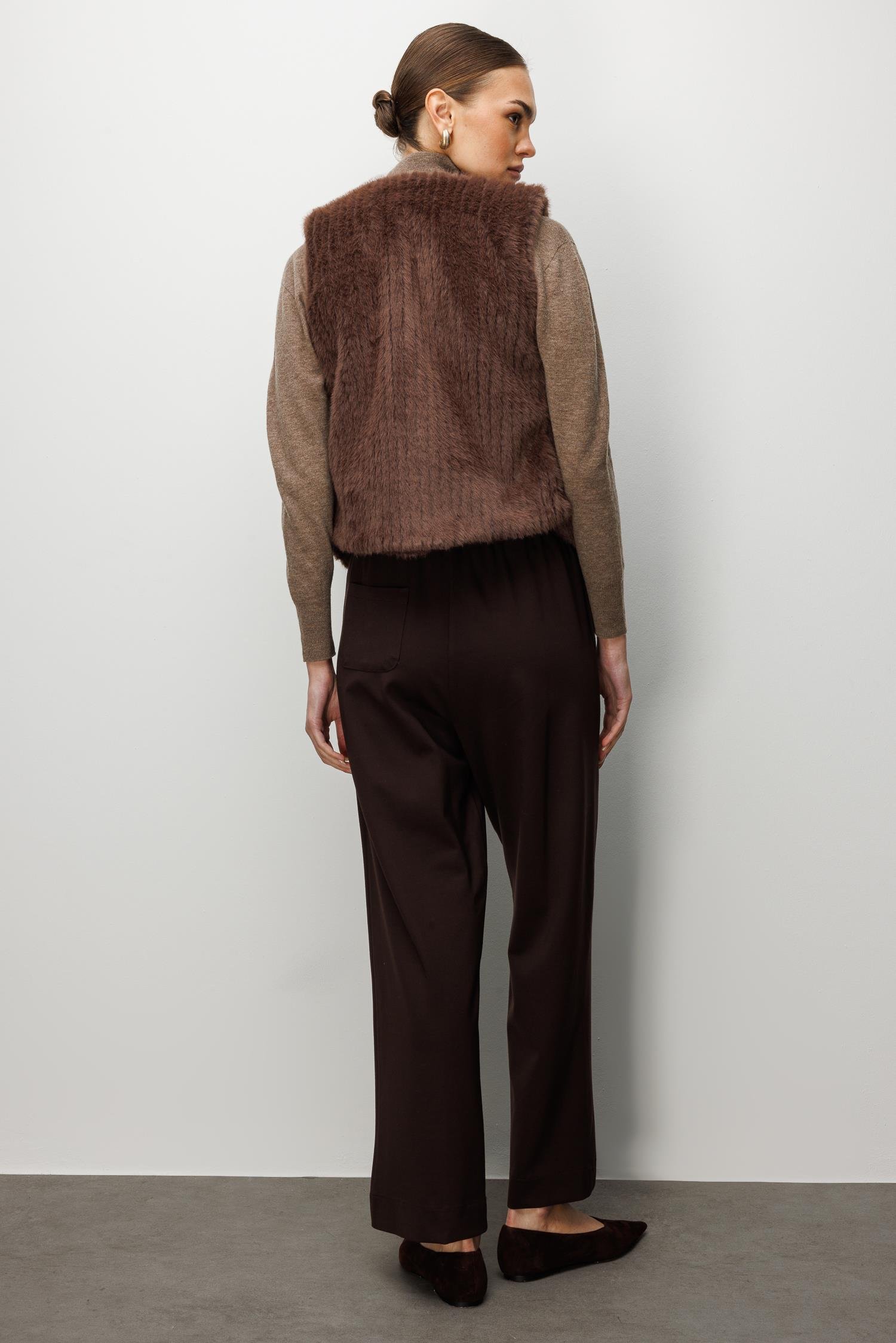 Modailgi  Çizgili Kısa Peluş Yelek Kahve