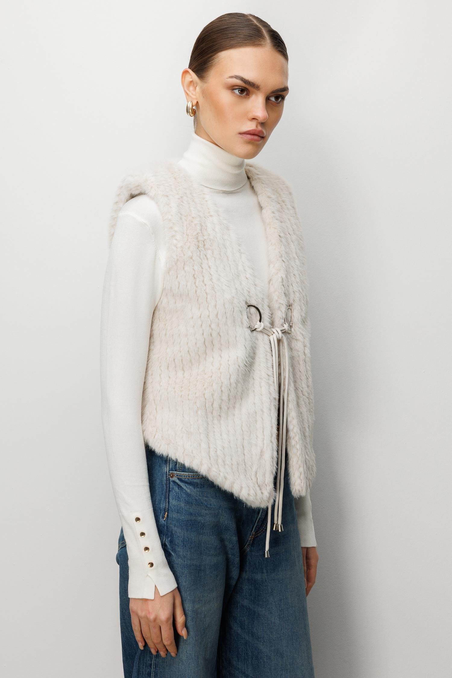 Modailgi  Çizgili Kısa Peluş Yelek Kemik