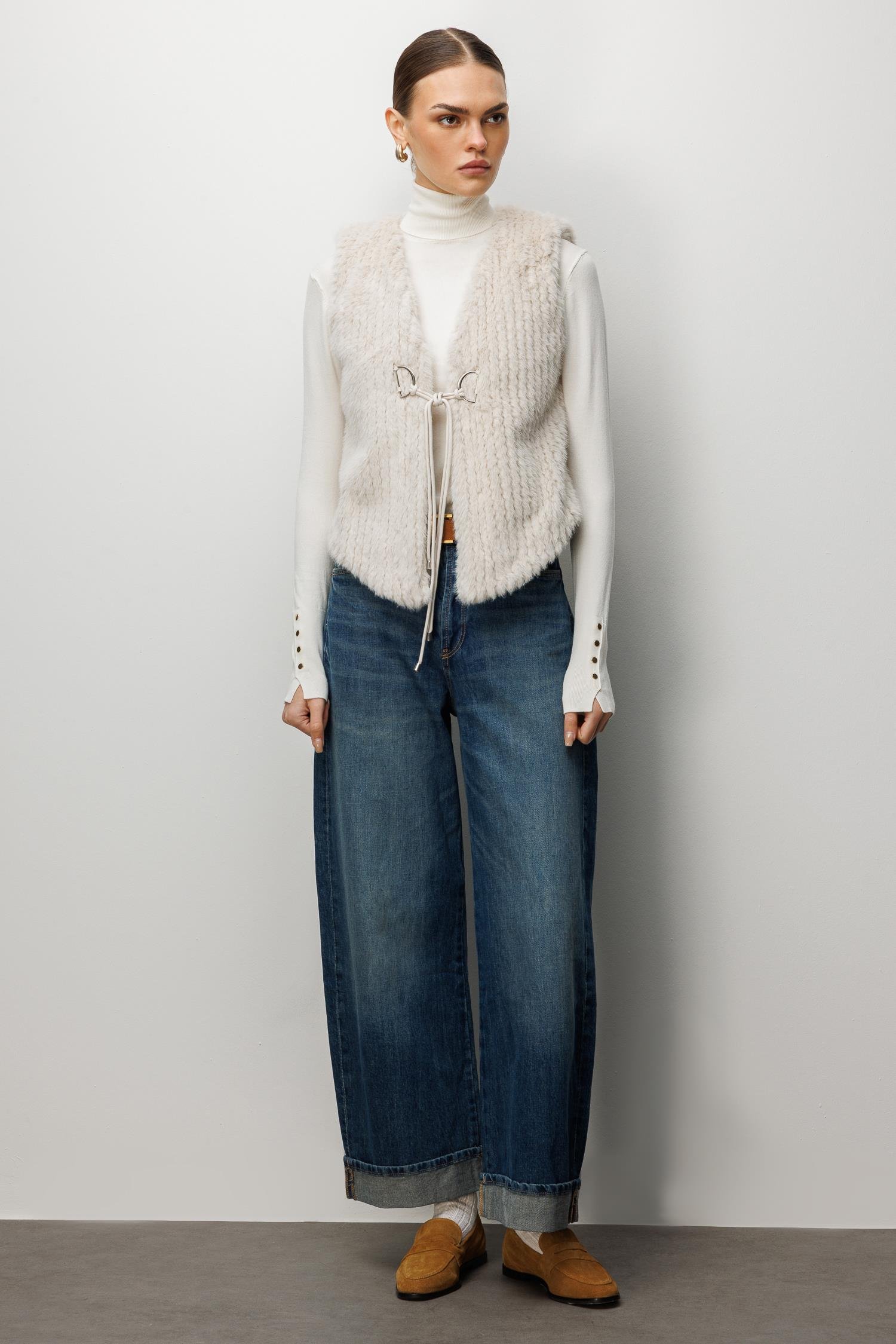 Modailgi  Çizgili Kısa Peluş Yelek Kemik