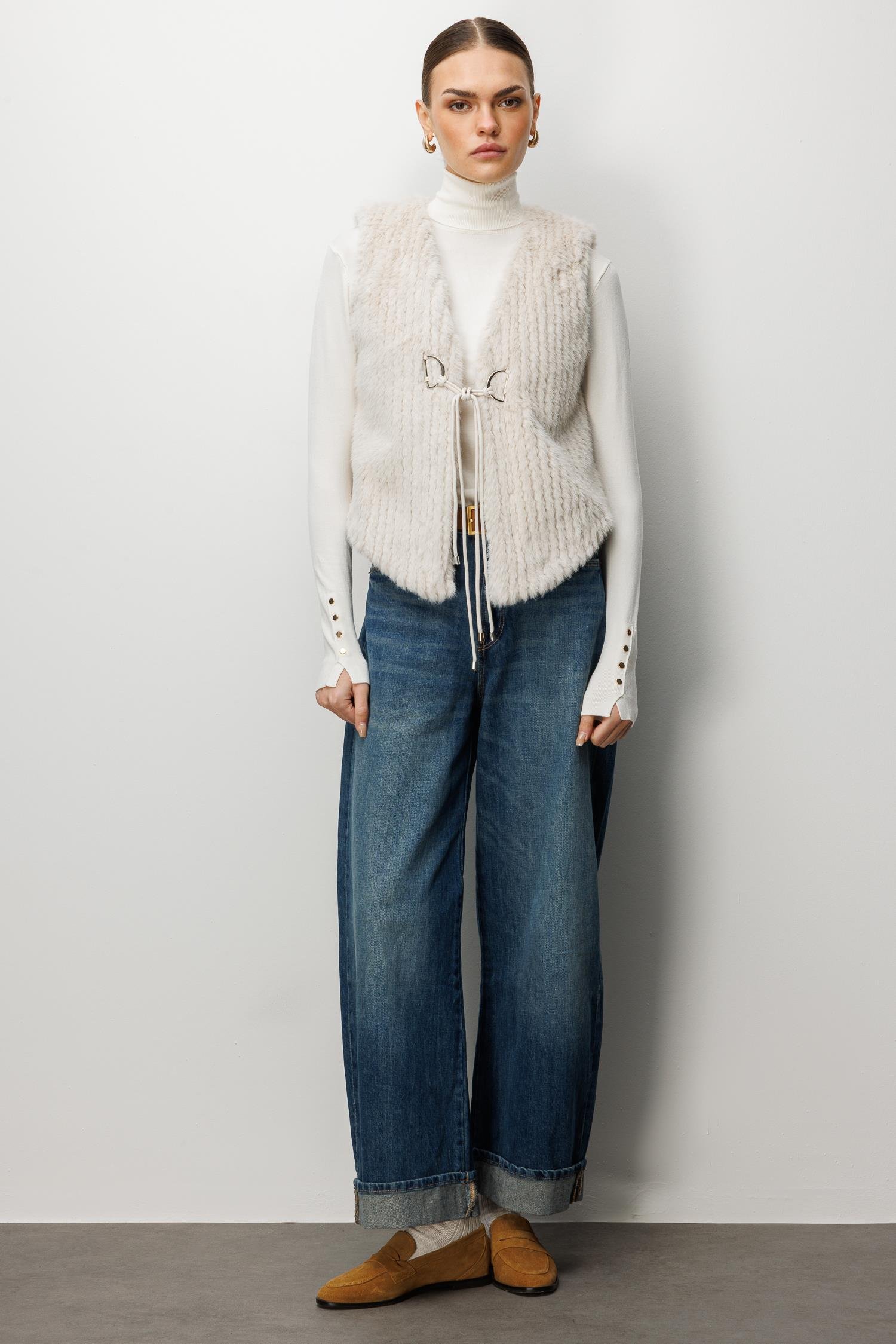 Modailgi  Çizgili Kısa Peluş Yelek Kemik