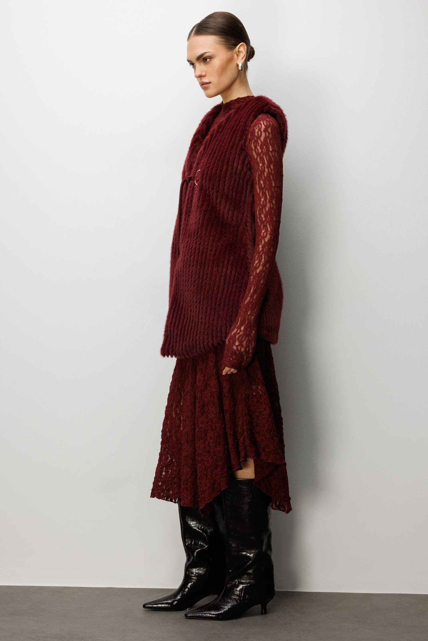 Modailgi  Çizgili Uzun Peluş Yelek Bordo