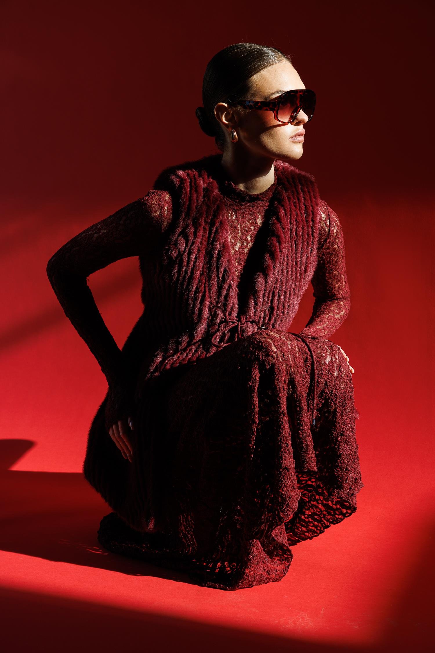 Modailgi  Çizgili Uzun Peluş Yelek Bordo