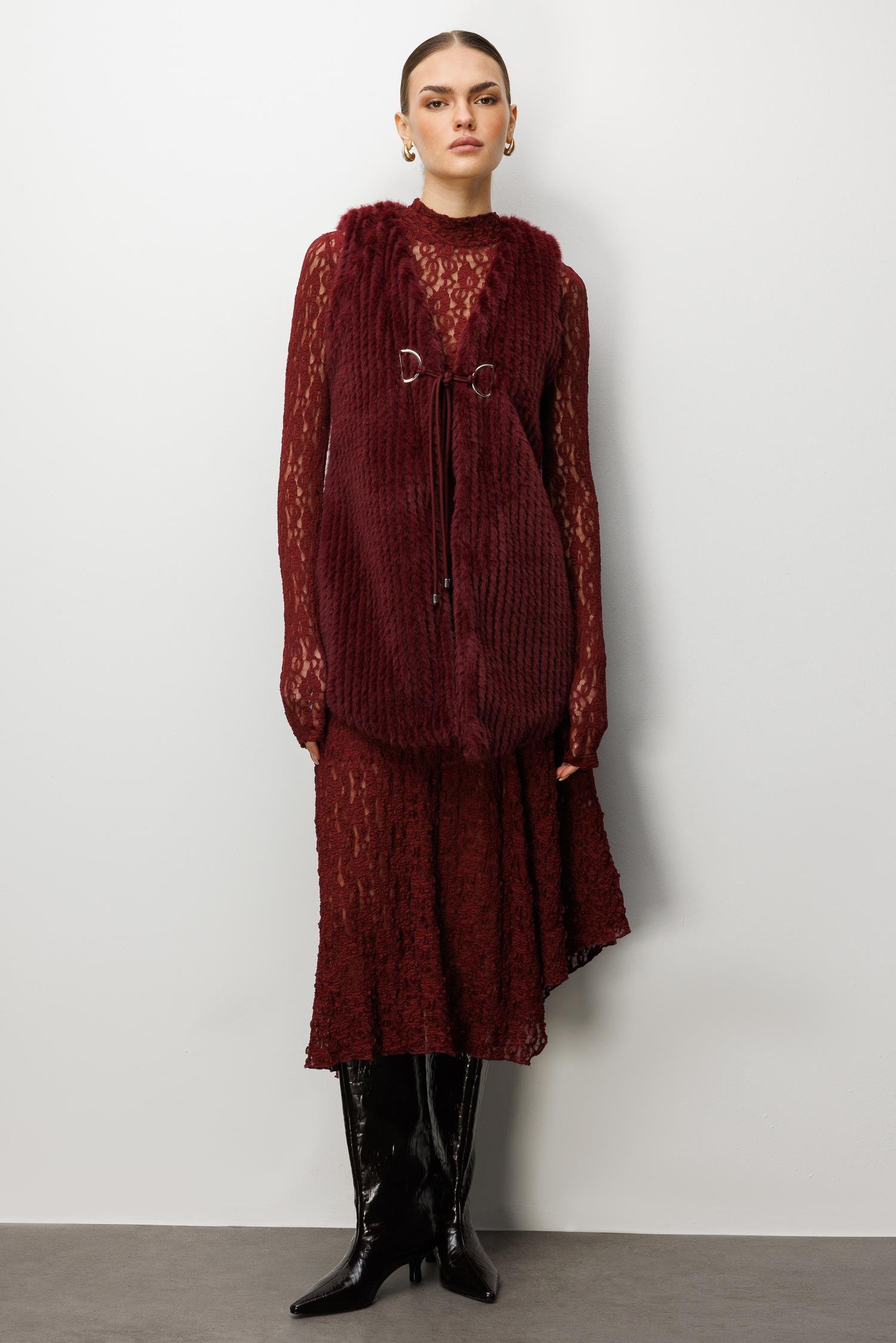 Modailgi  Çizgili Uzun Peluş Yelek Bordo