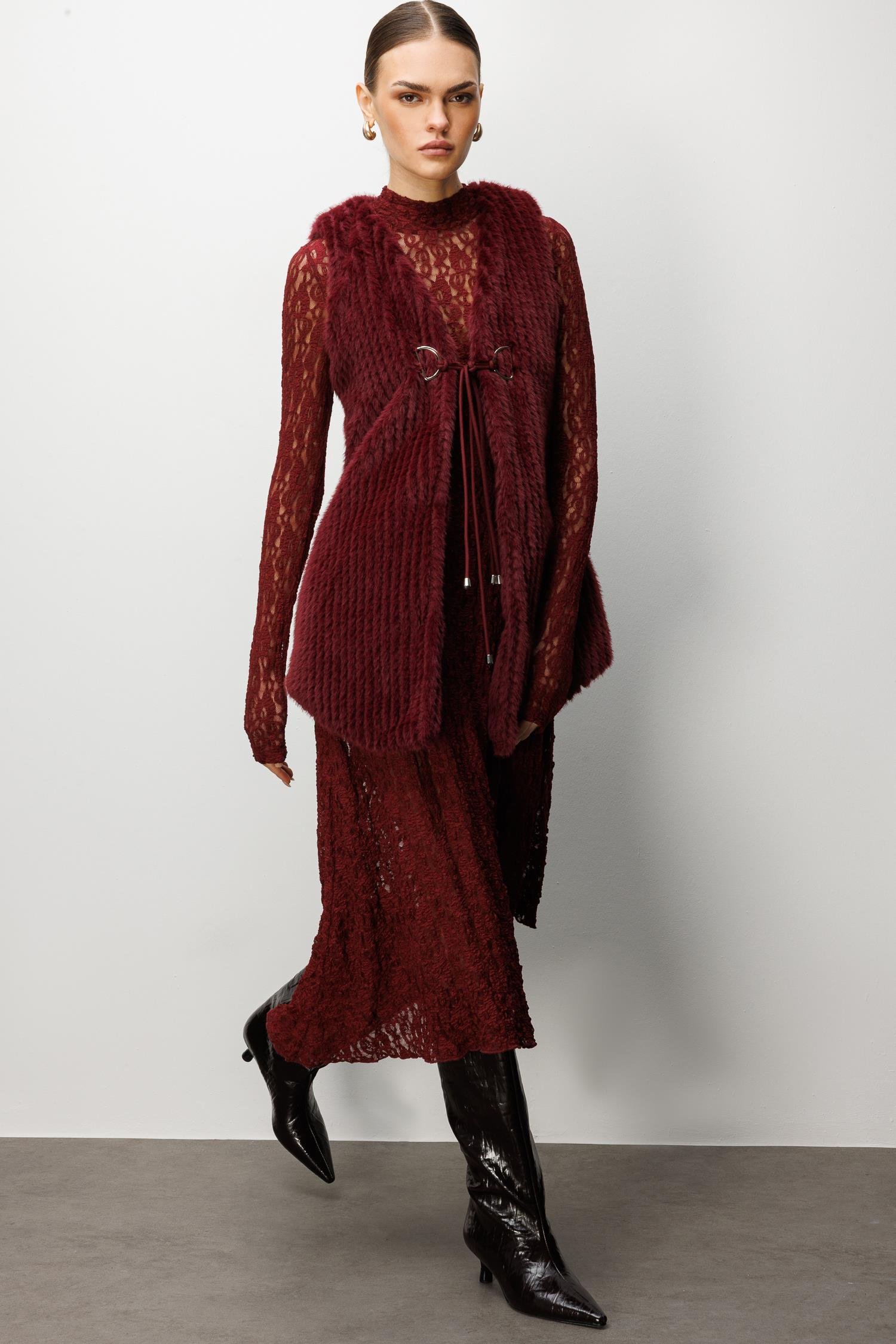 Modailgi  Çizgili Uzun Peluş Yelek Bordo