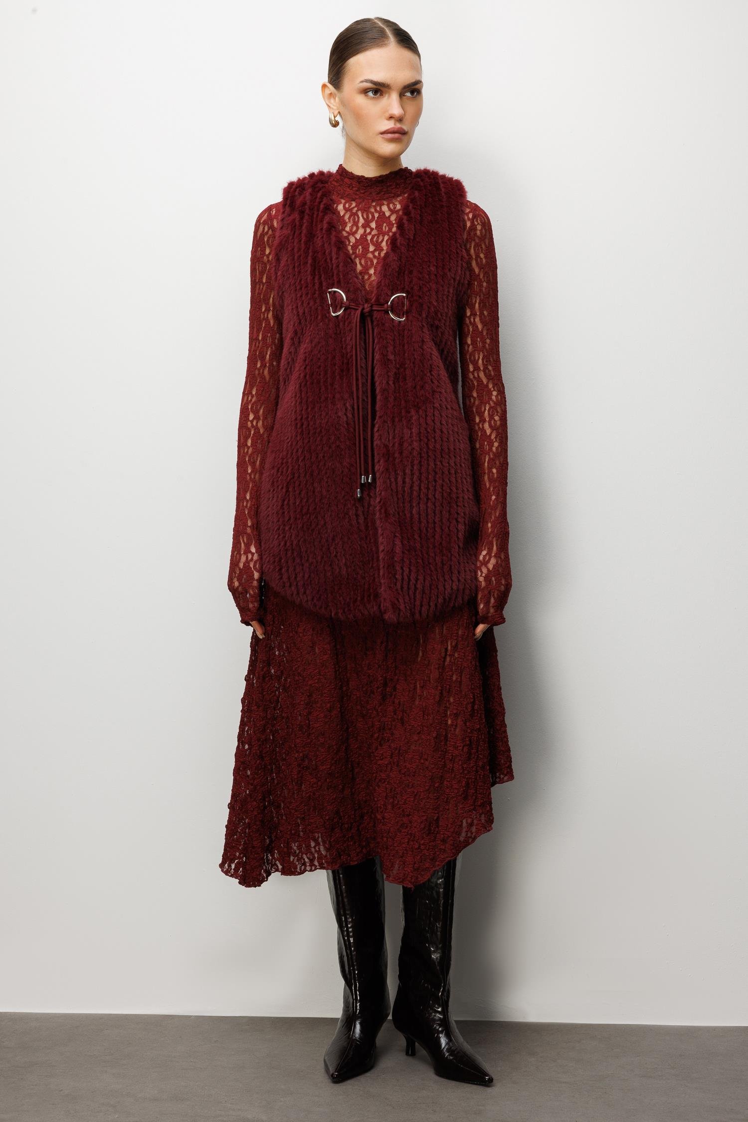 Modailgi  Çizgili Uzun Peluş Yelek Bordo