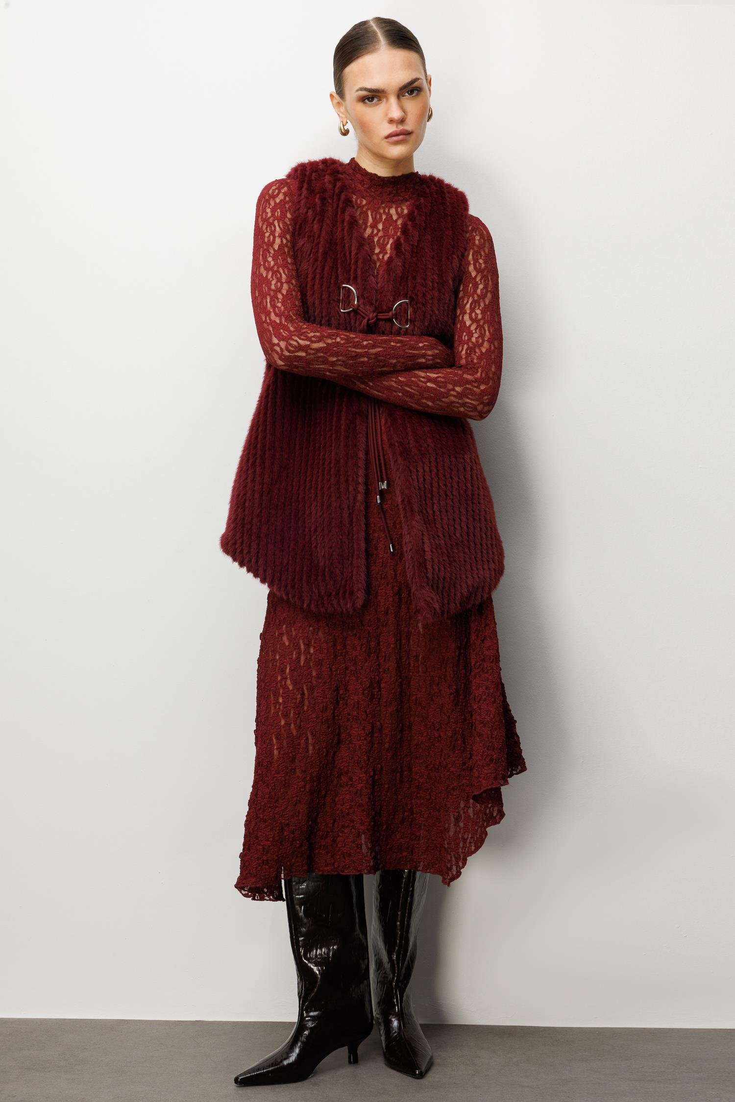 Modailgi  Çizgili Uzun Peluş Yelek Bordo