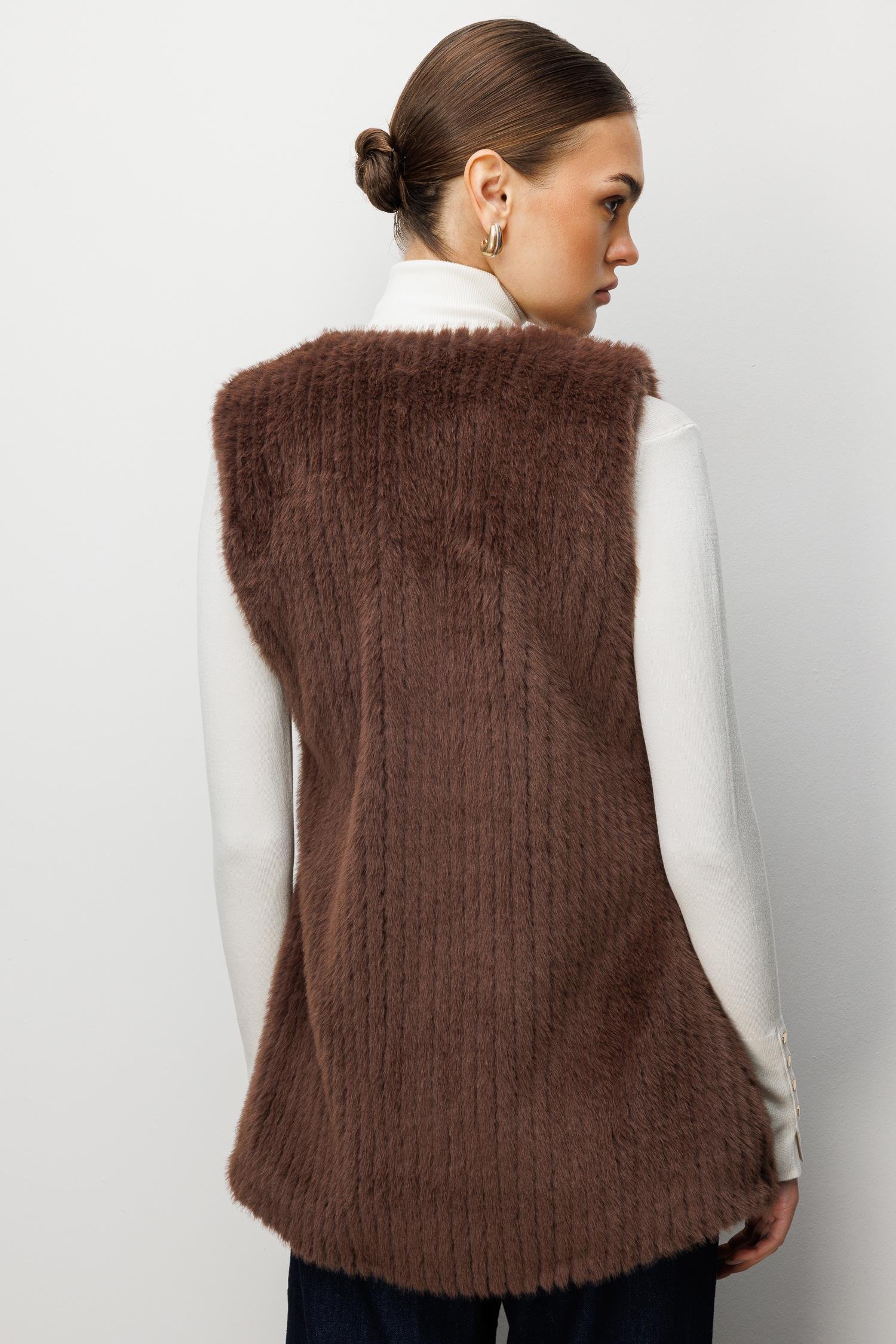 Modailgi  Çizgili Uzun Peluş Yelek Kahve