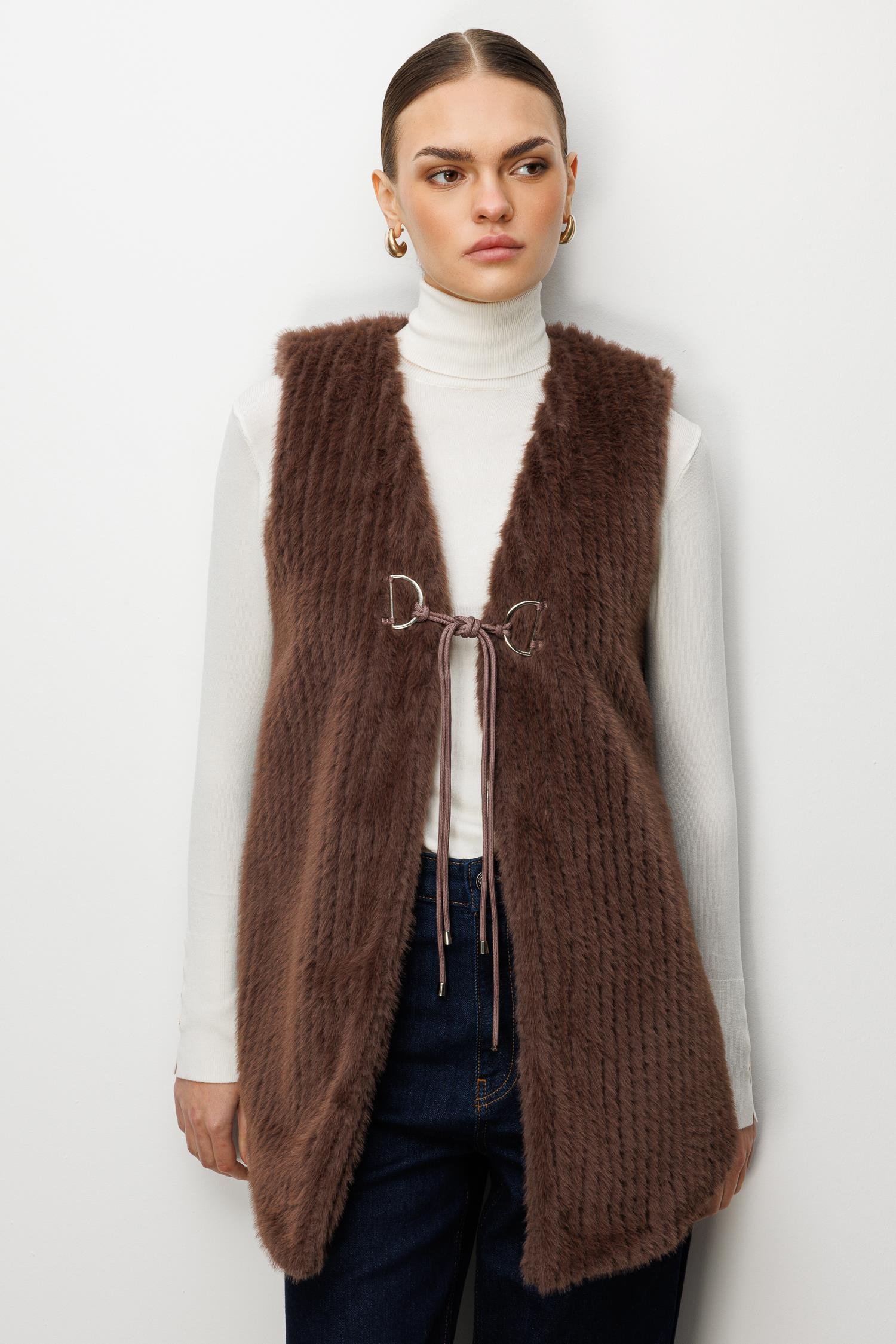 Modailgi  Çizgili Uzun Peluş Yelek Kahve