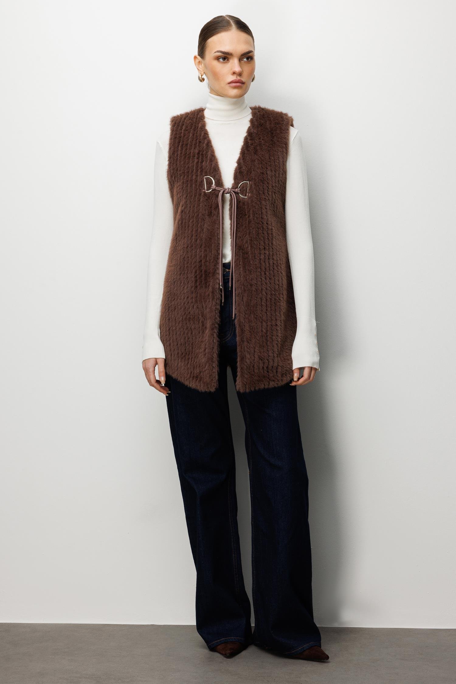 Modailgi  Çizgili Uzun Peluş Yelek Kahve