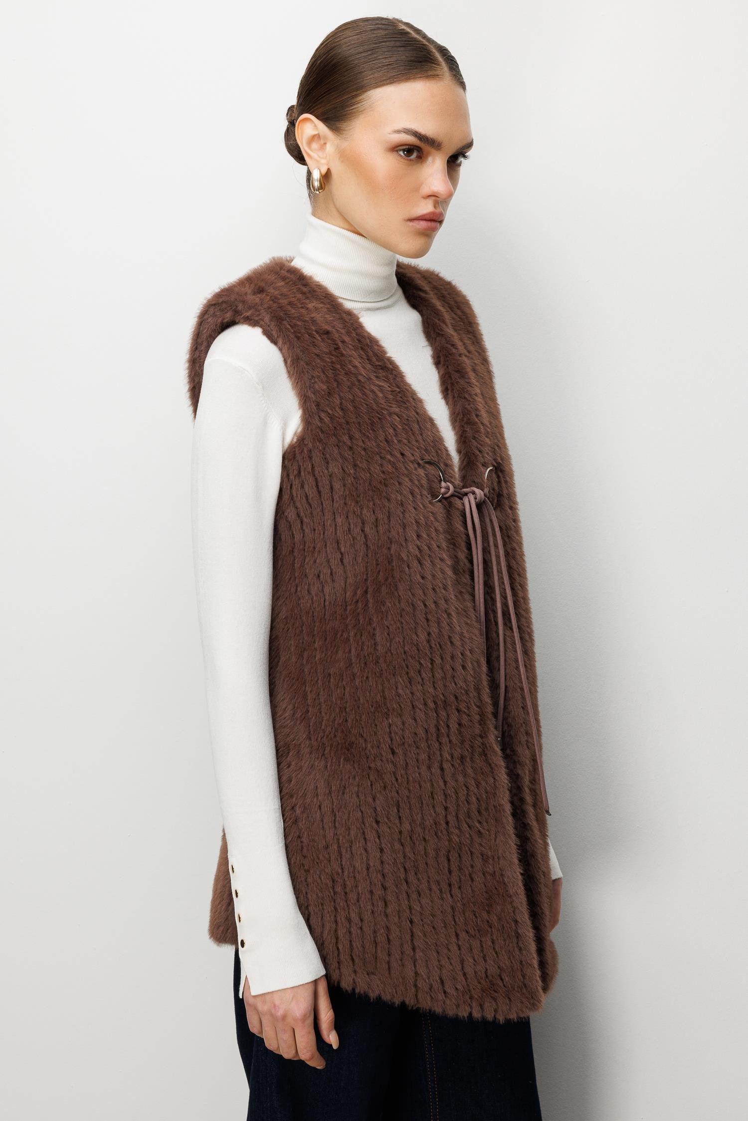 Modailgi  Çizgili Uzun Peluş Yelek Kahve