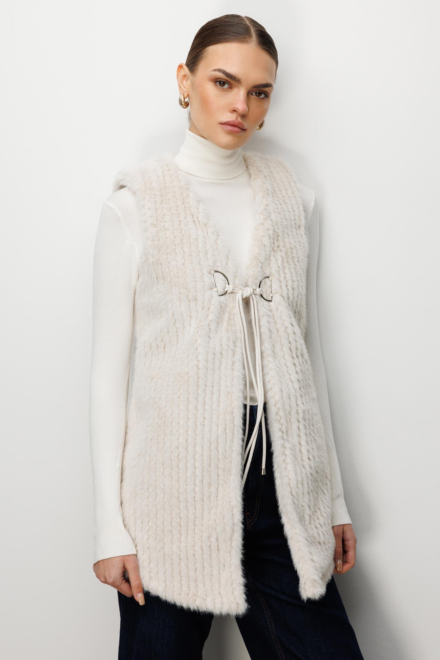 Modailgi  Çizgili Uzun Peluş Yelek Kemik