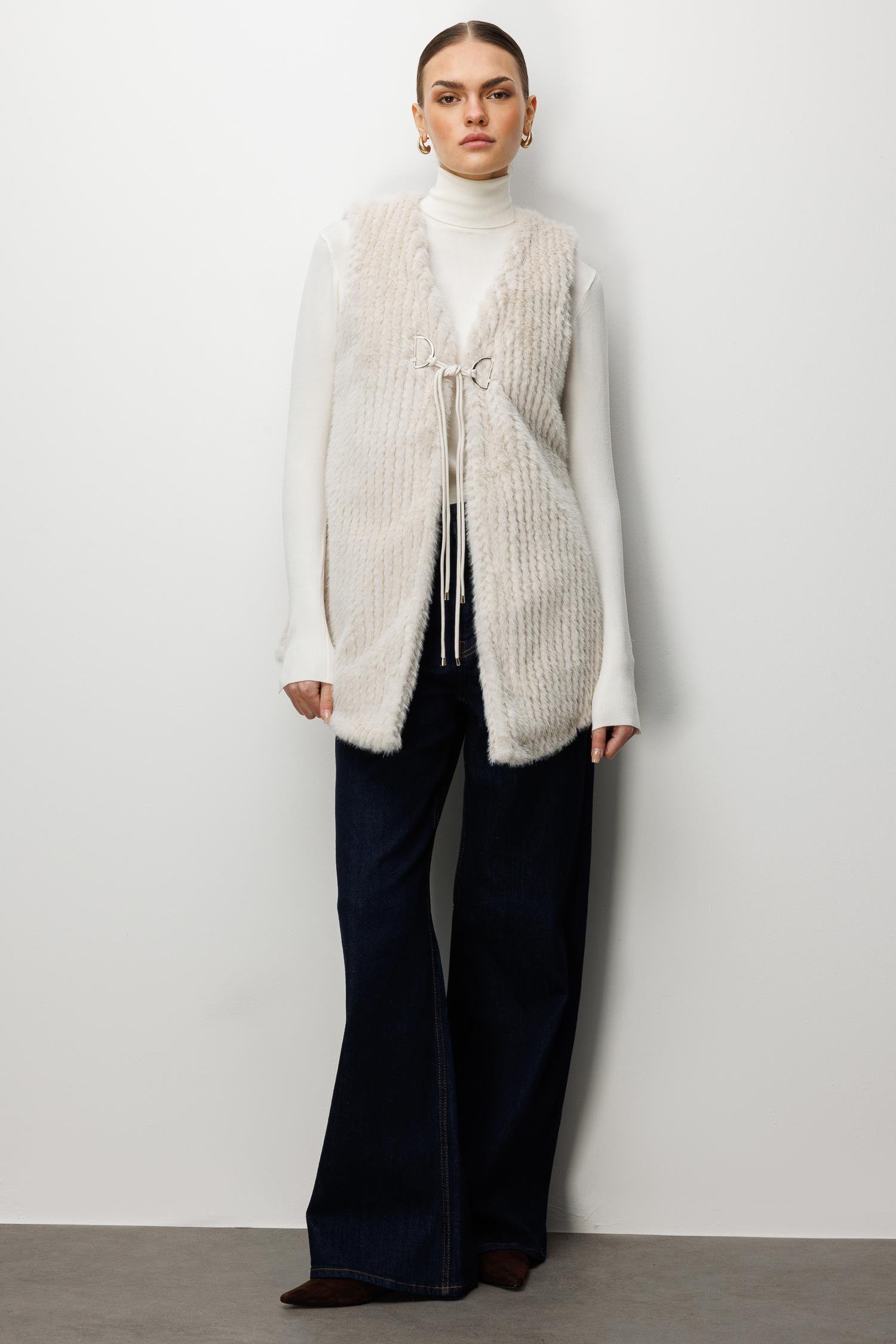 Modailgi  Çizgili Uzun Peluş Yelek Kemik