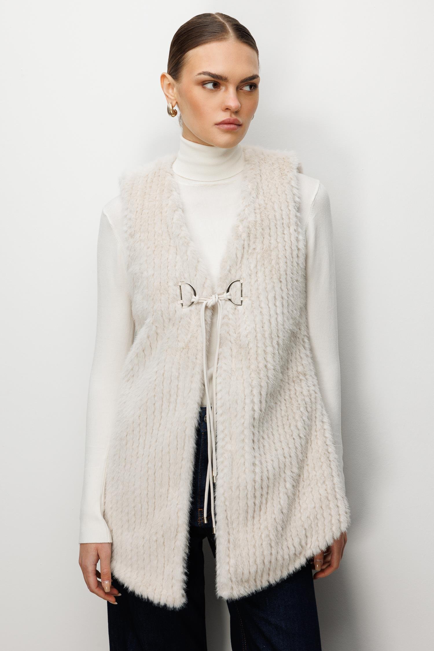 Modailgi  Çizgili Uzun Peluş Yelek Kemik