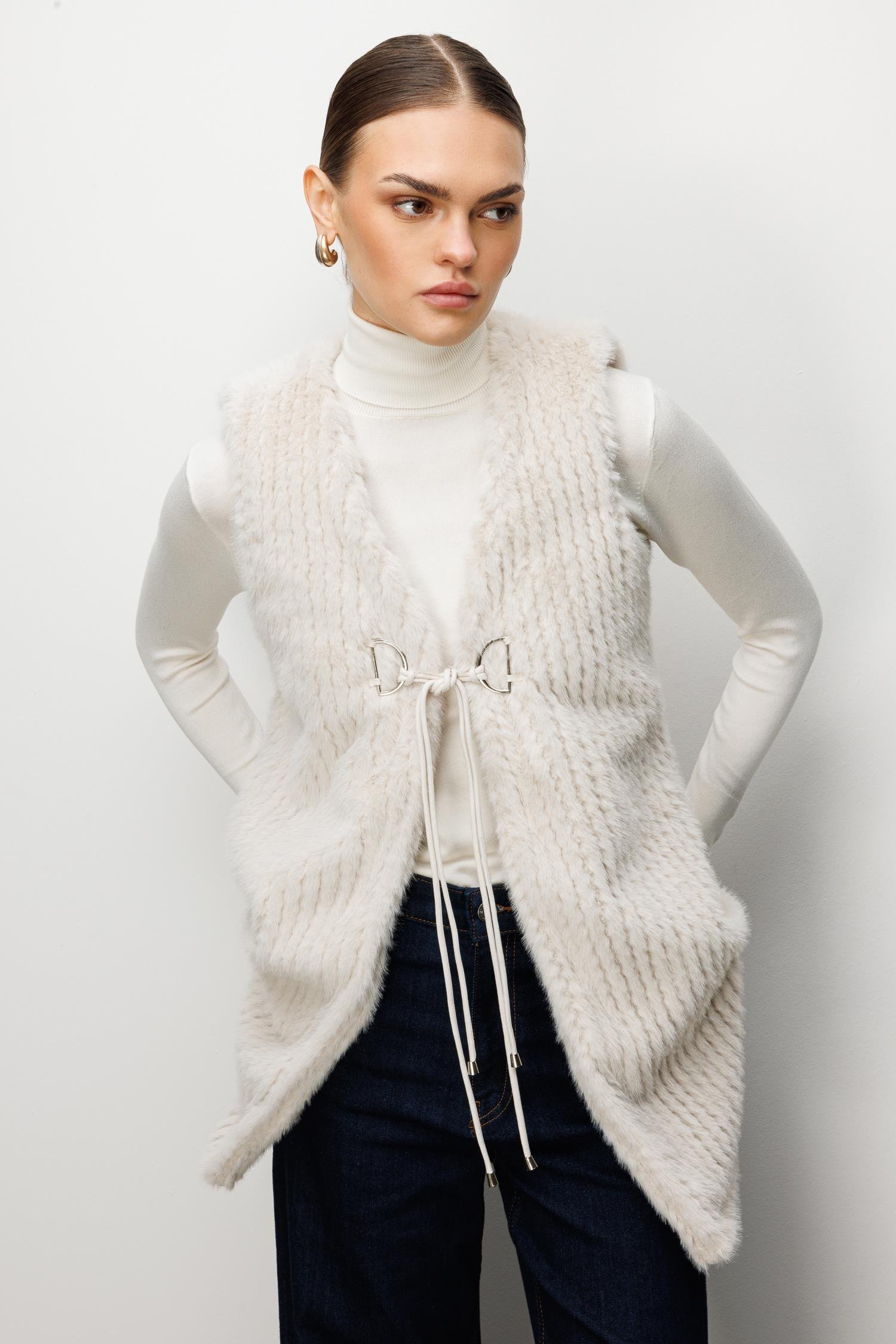 Modailgi  Çizgili Uzun Peluş Yelek Kemik