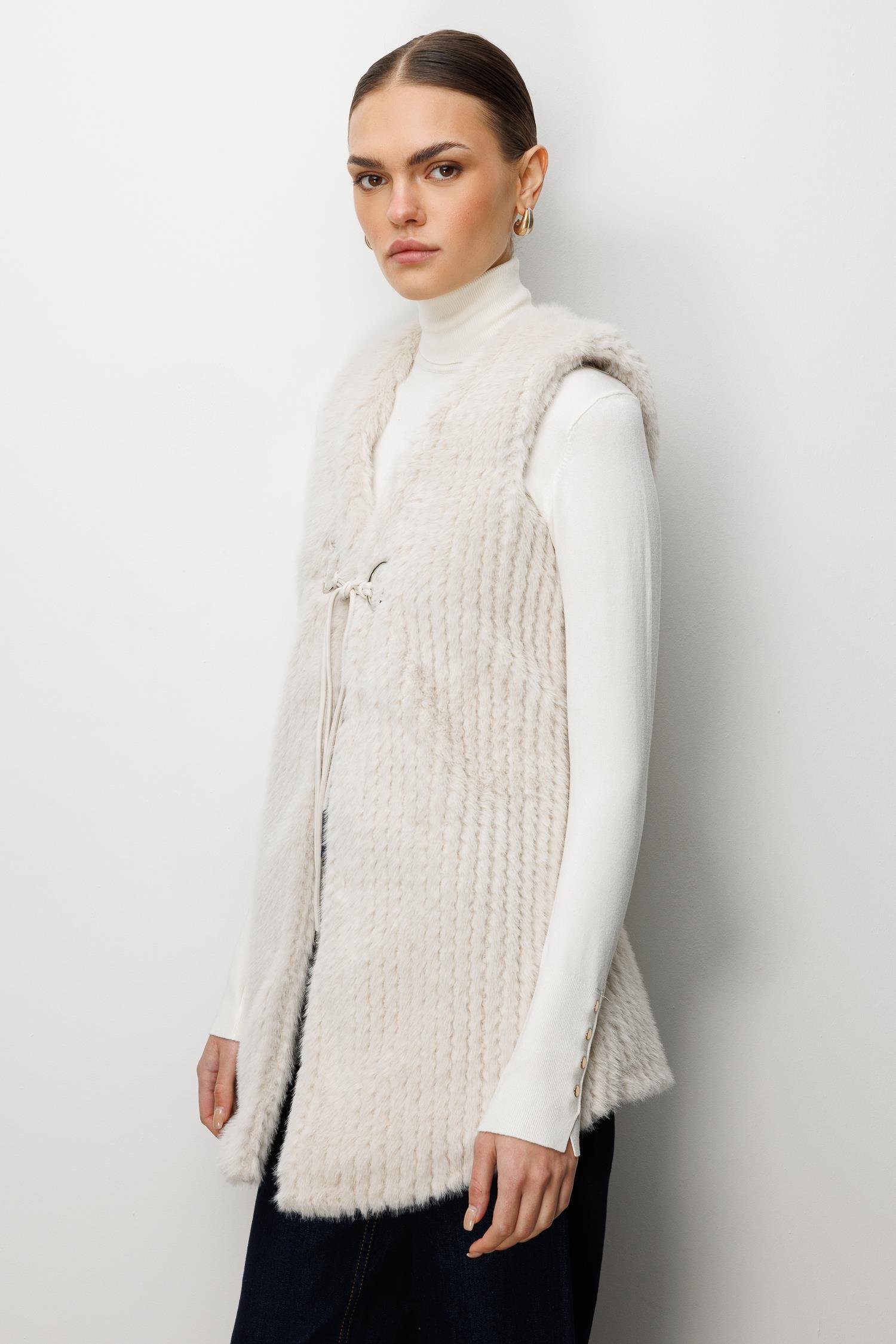 Modailgi  Çizgili Uzun Peluş Yelek Kemik