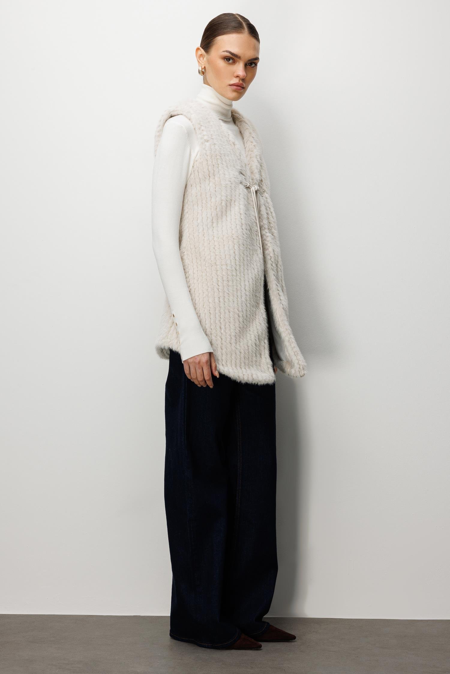 Modailgi  Çizgili Uzun Peluş Yelek Kemik