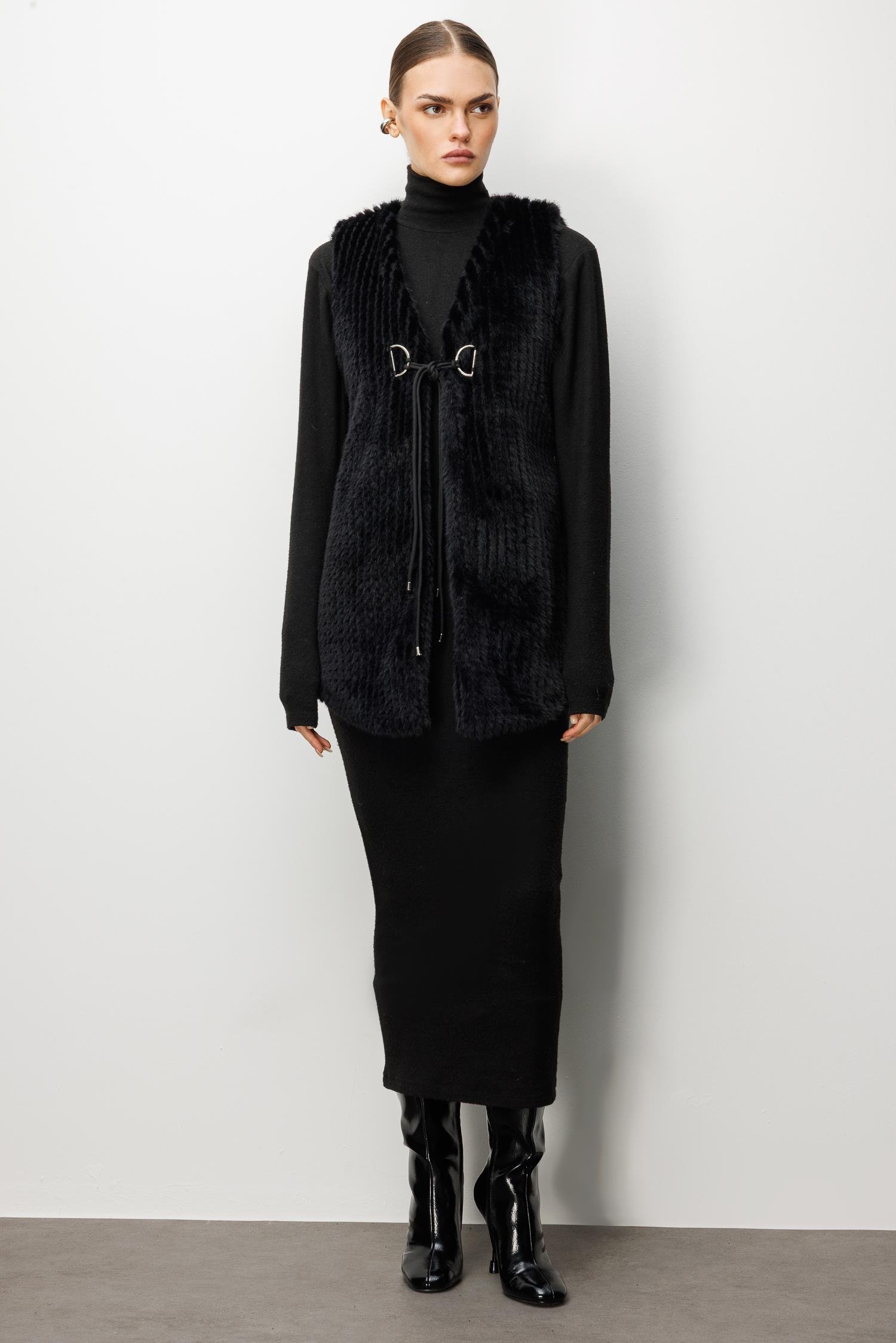 Modailgi  Çizgili Uzun Peluş Yelek Siyah