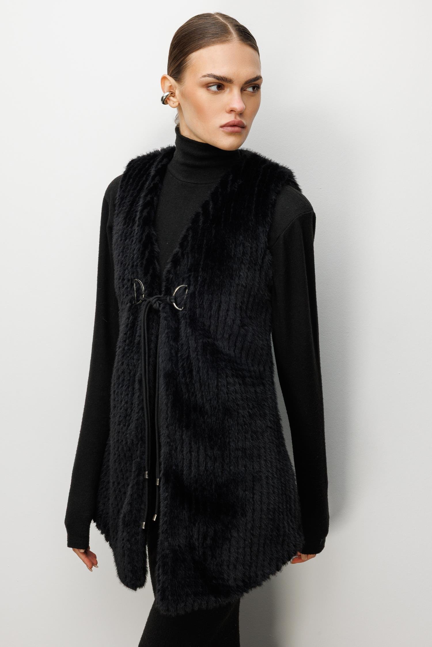 Modailgi  Çizgili Uzun Peluş Yelek Siyah