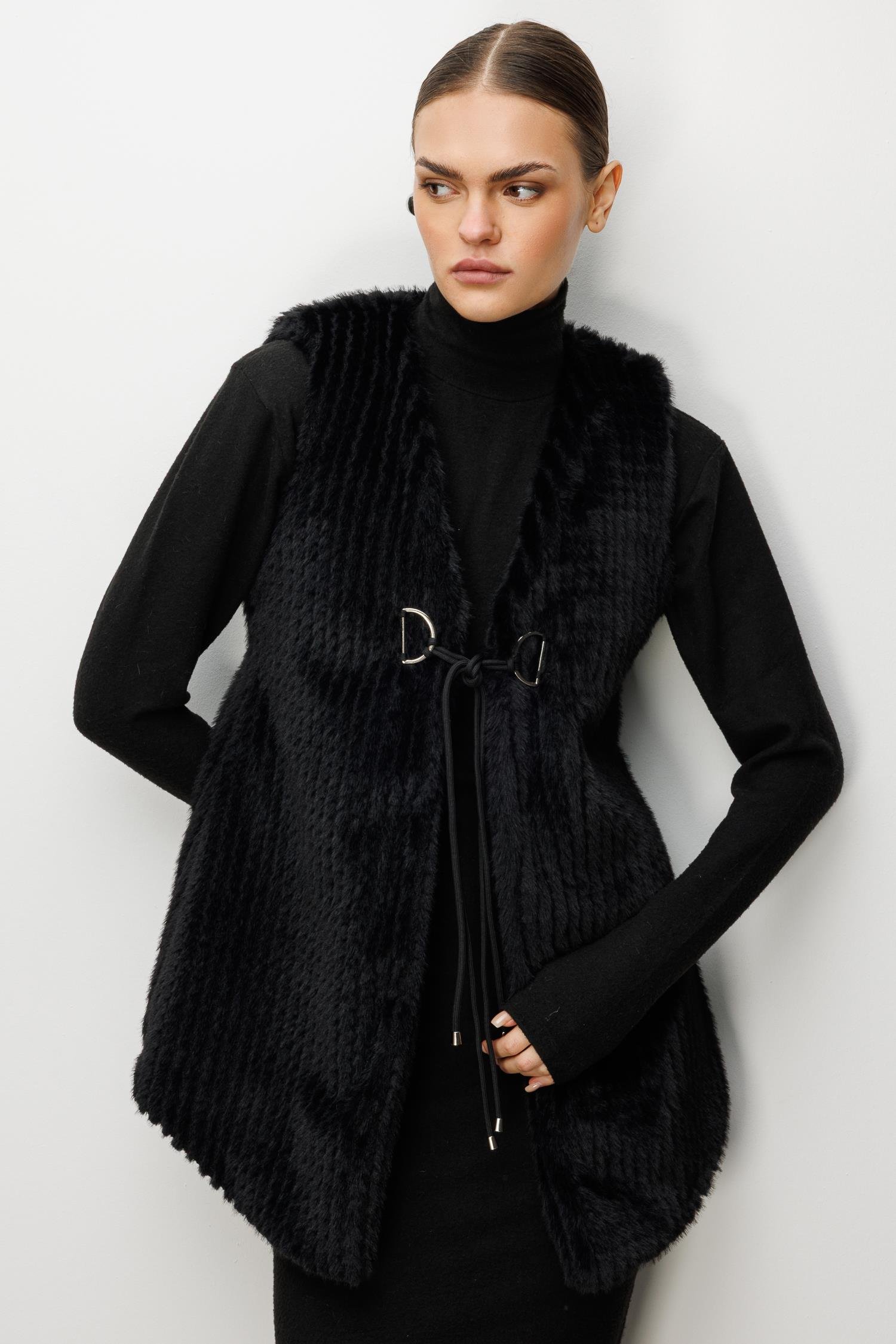 Modailgi  Çizgili Uzun Peluş Yelek Siyah