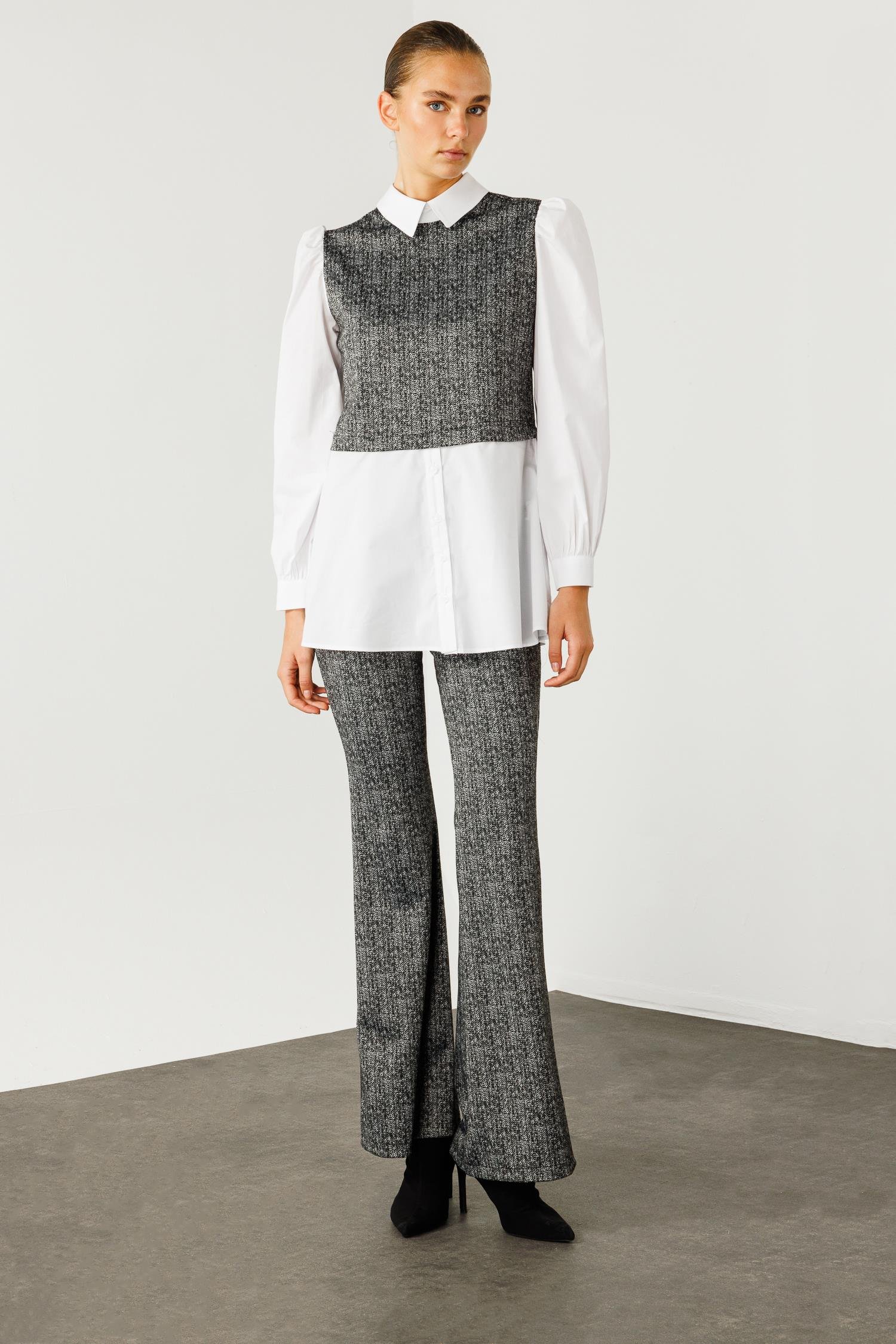 Modailgi  Crop Bluz Gömlek Takım Antrasit