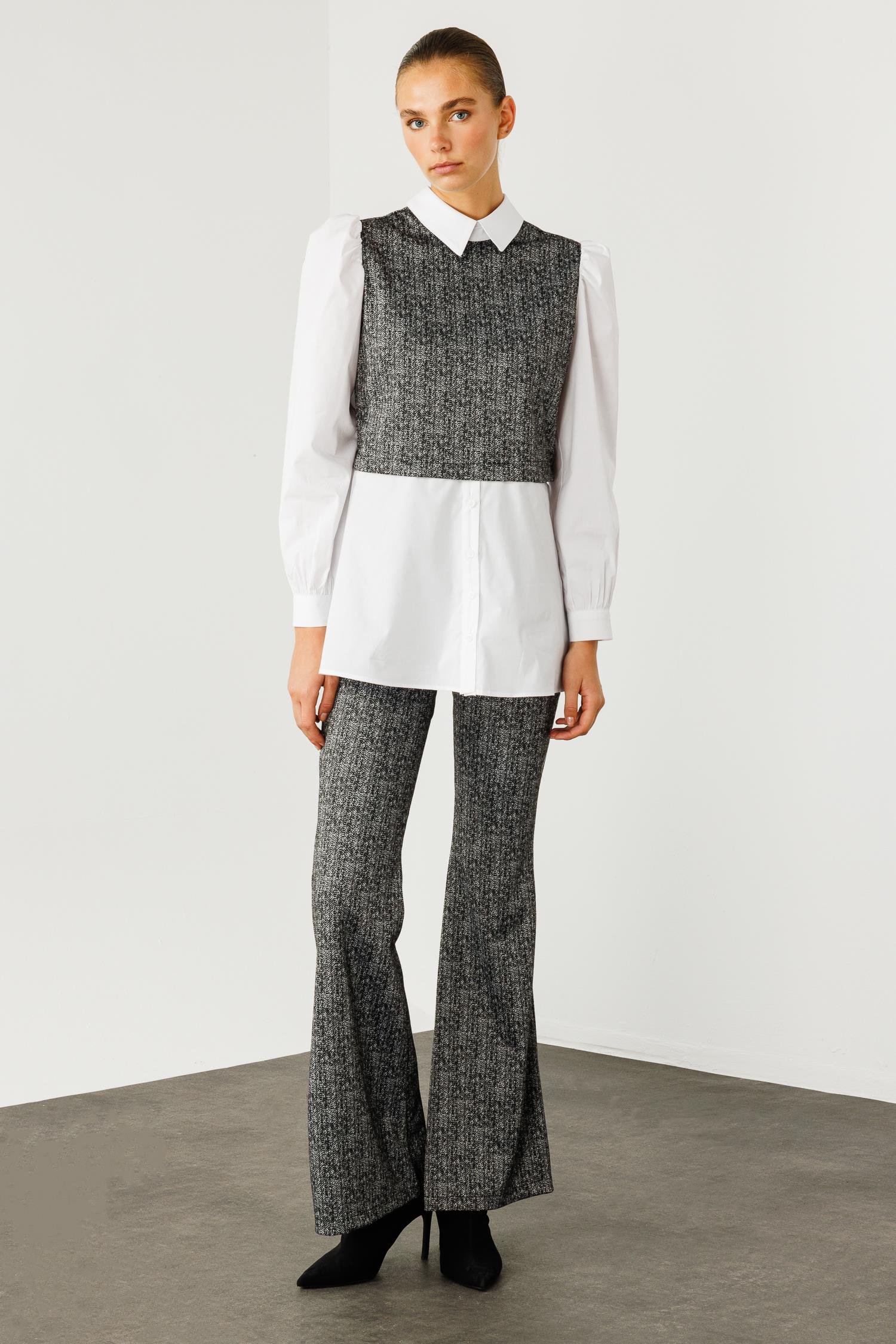 Modailgi  Crop Bluz Gömlek Takım Antrasit