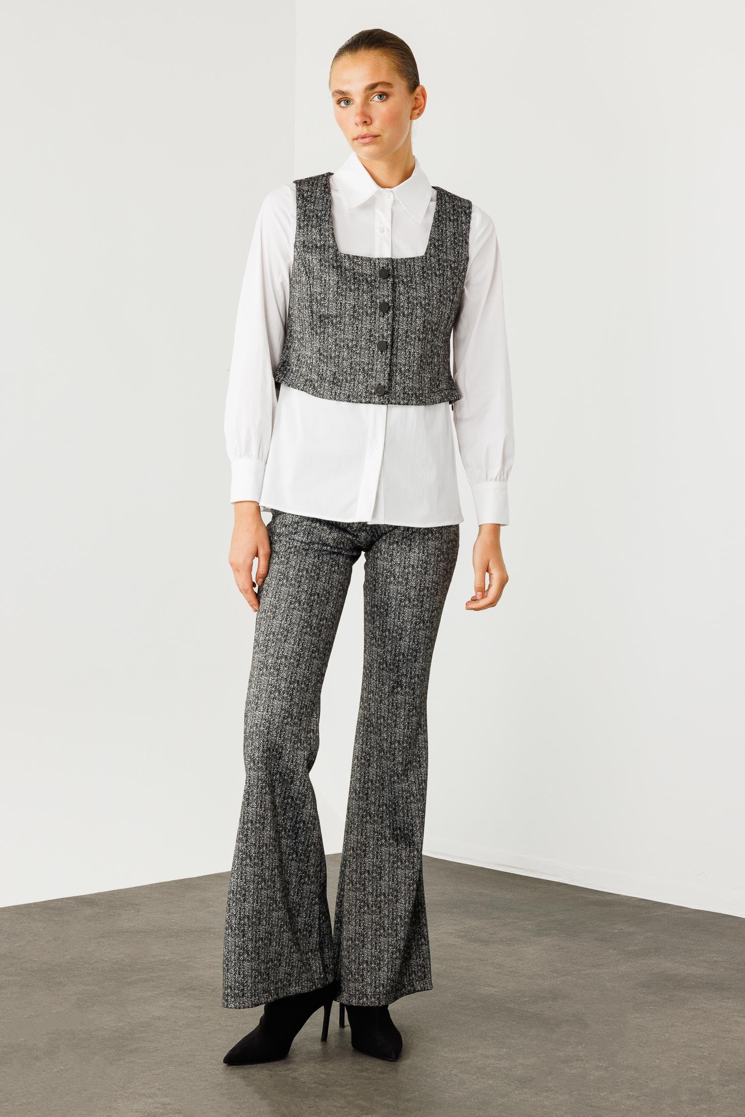 Modailgi  Crop Yelekli Gömlek Takım Antrasit