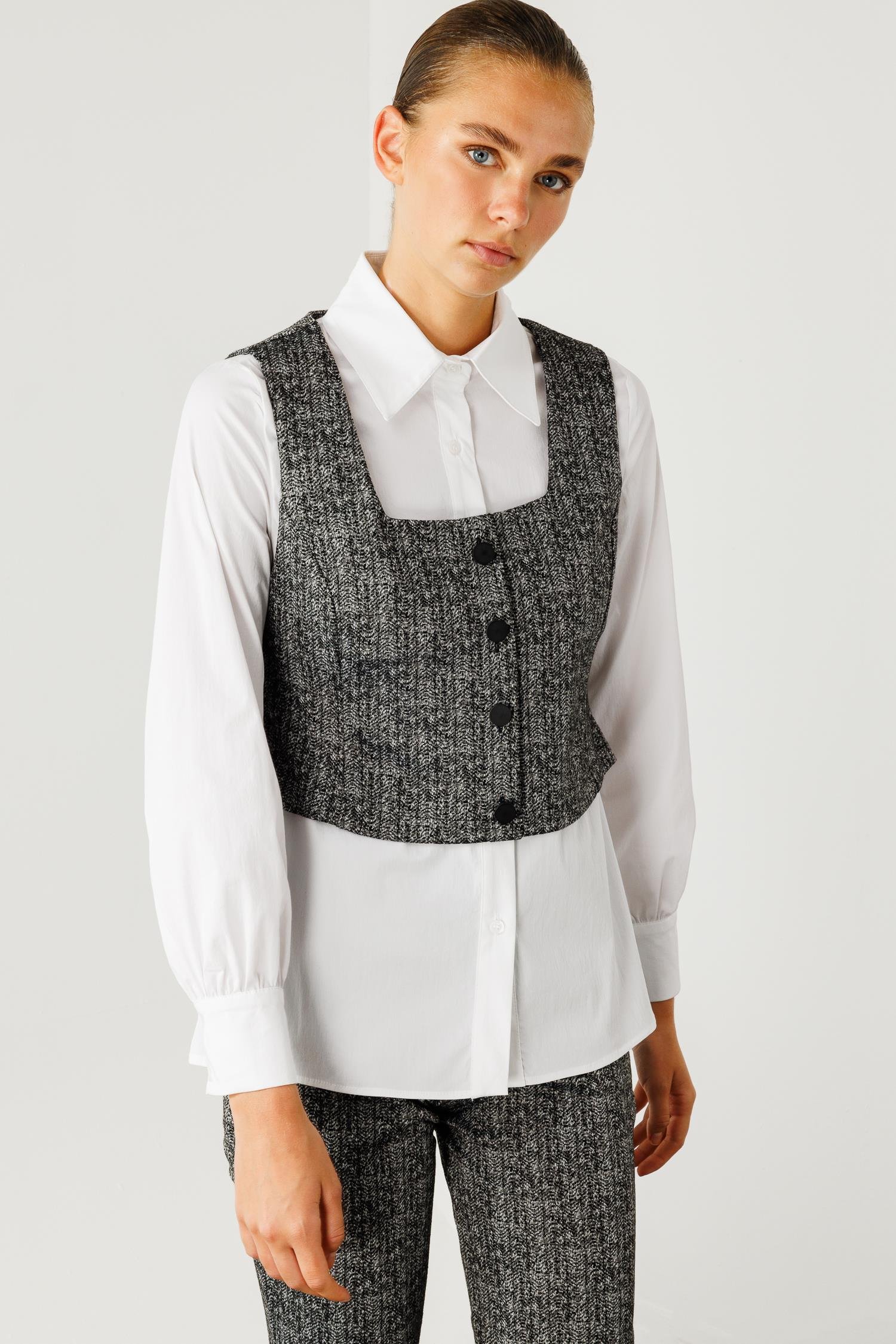 Modailgi  Crop Yelekli Gömlek Takım Antrasit