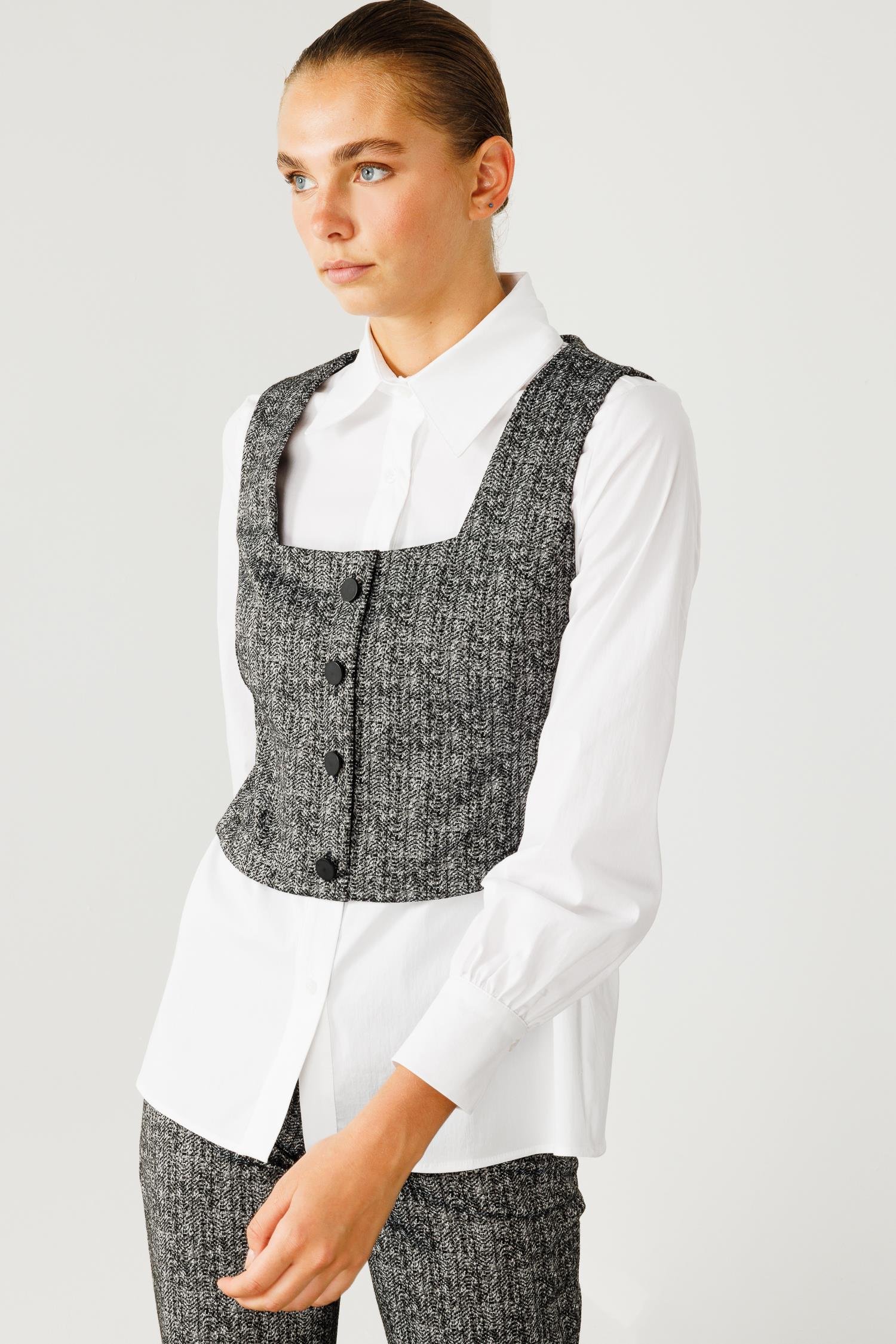 Modailgi  Crop Yelekli Gömlek Takım Antrasit