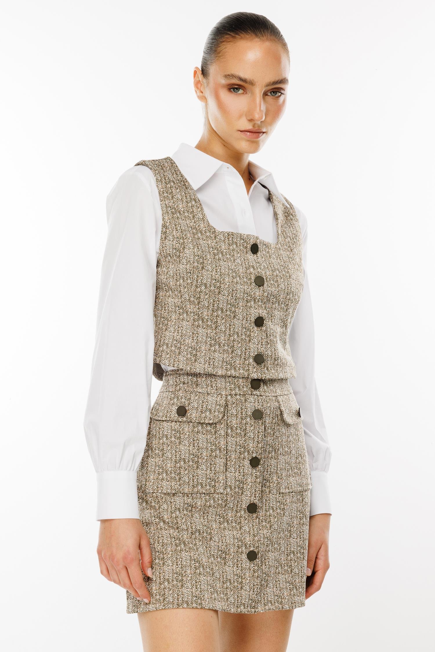 Modailgi  Crop Yelekli Gömlek Takım Haki