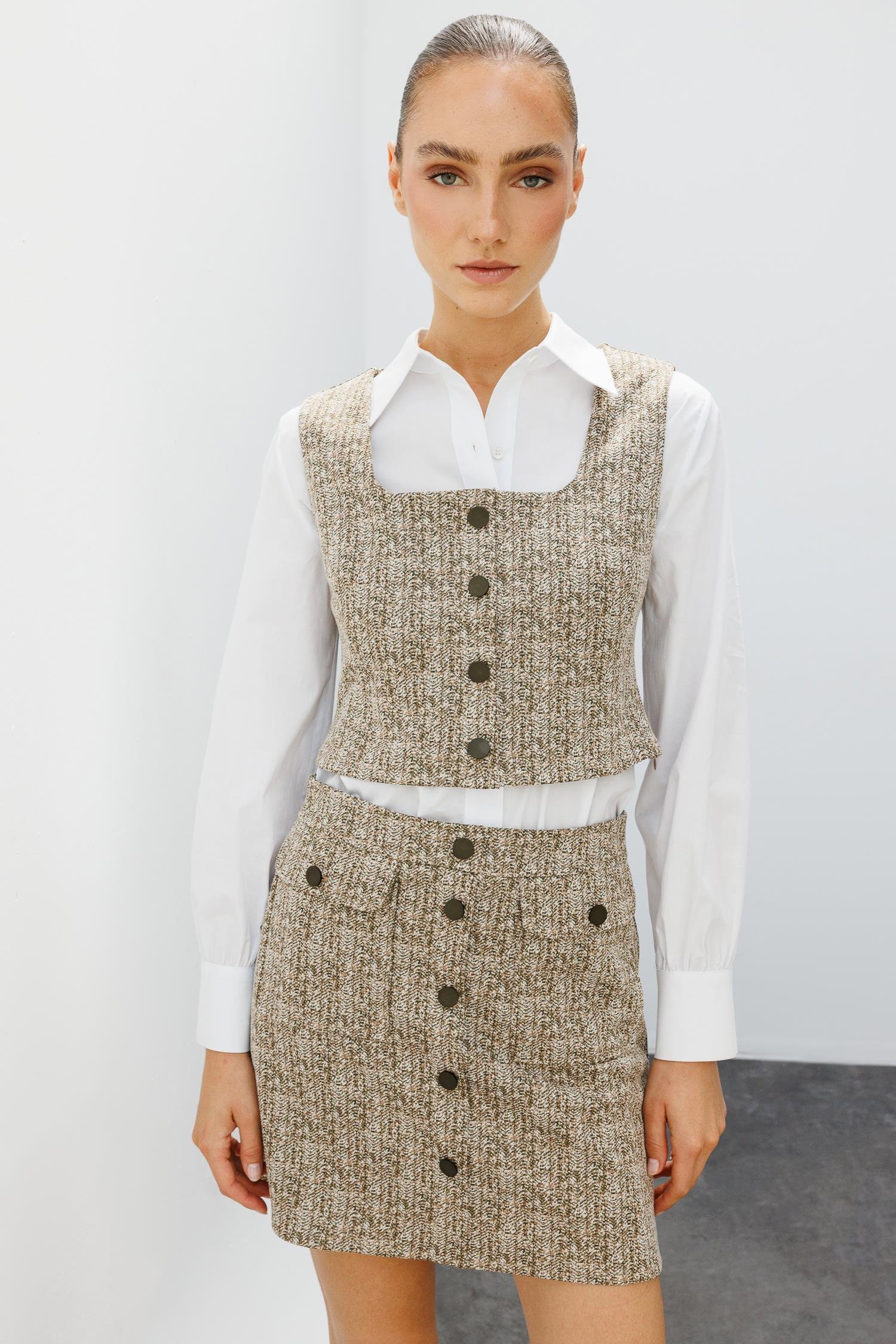 Modailgi  Crop Yelekli Gömlek Takım Haki