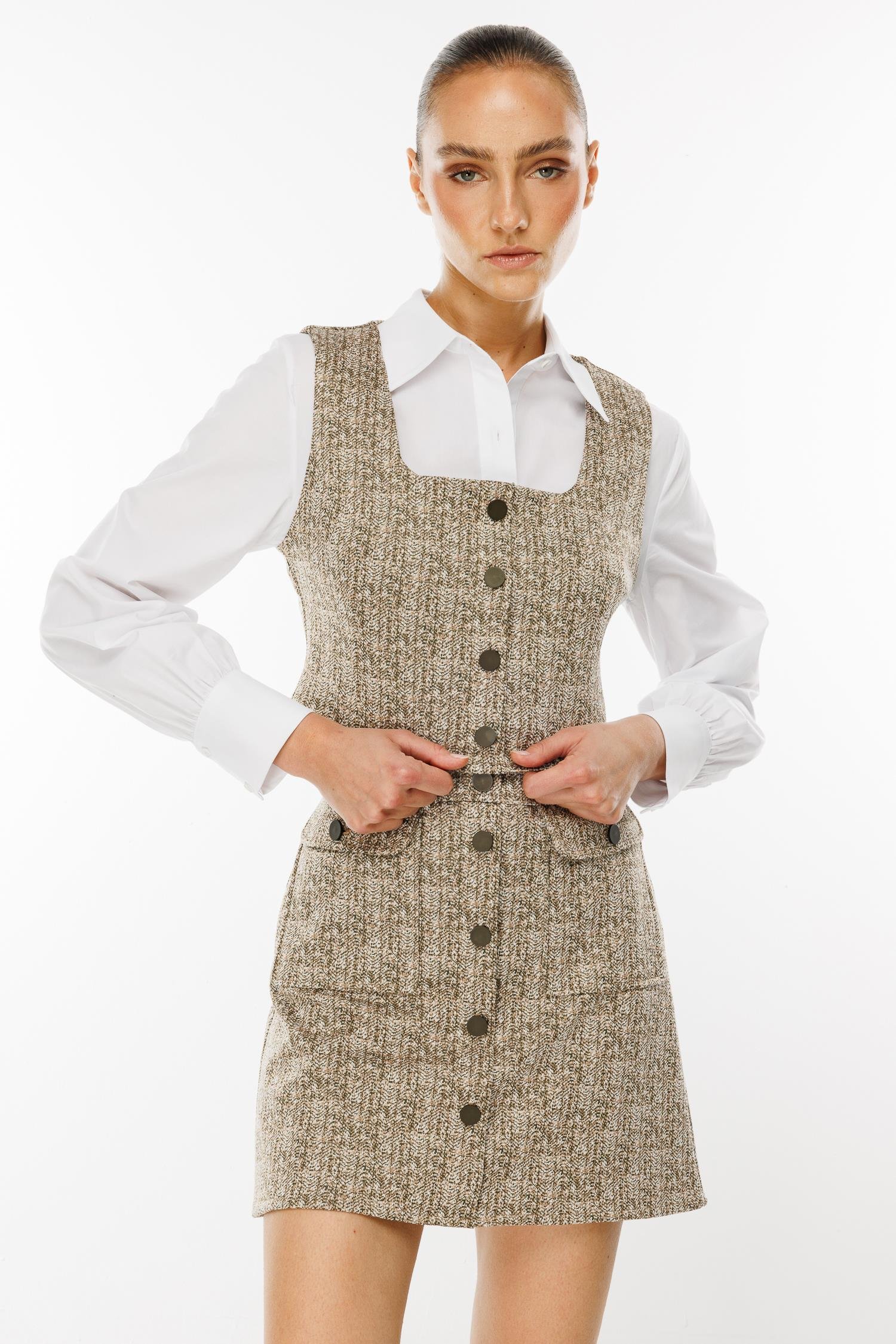 Modailgi  Crop Yelekli Gömlek Takım Haki