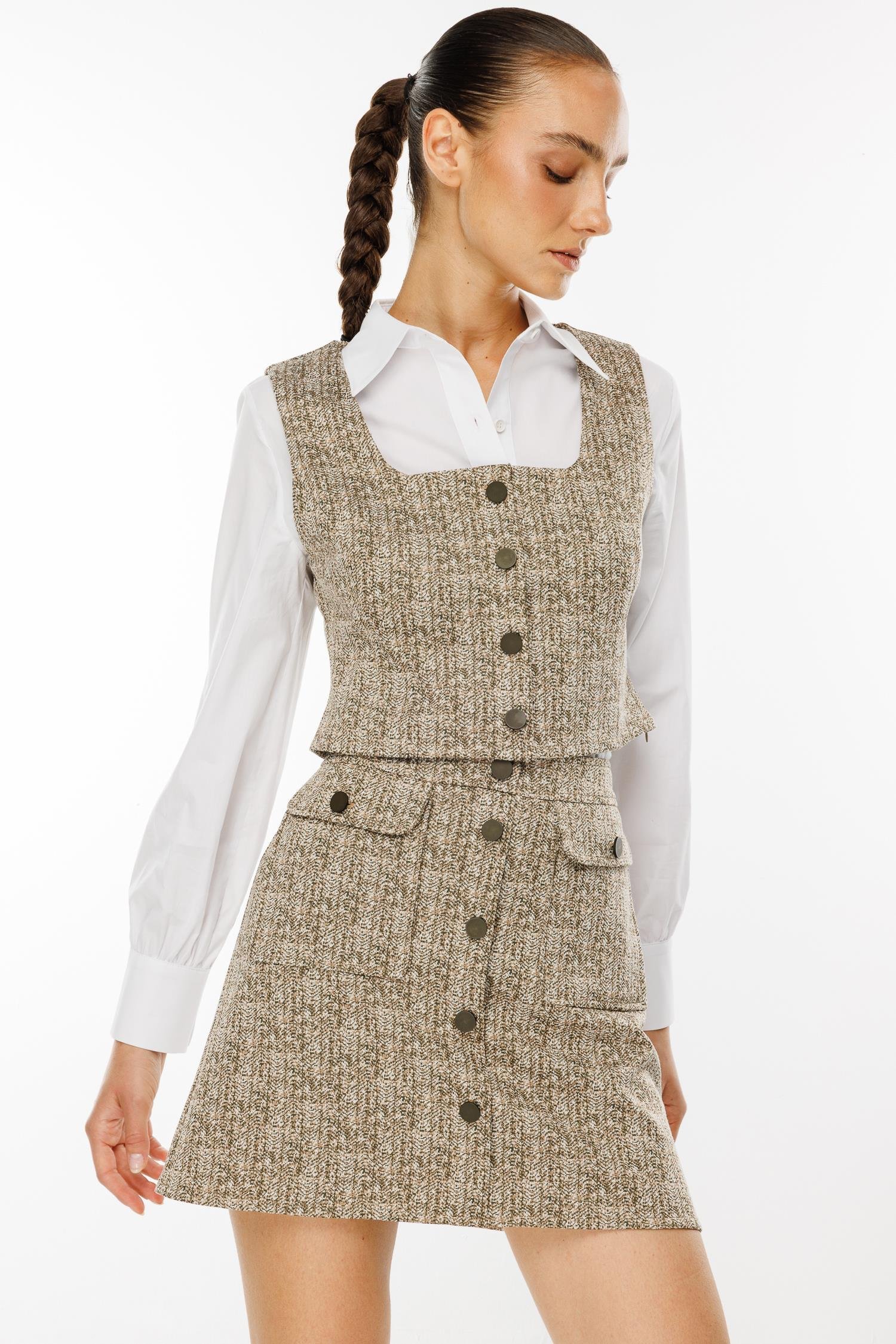 Modailgi  Crop Yelekli Gömlek Takım Haki