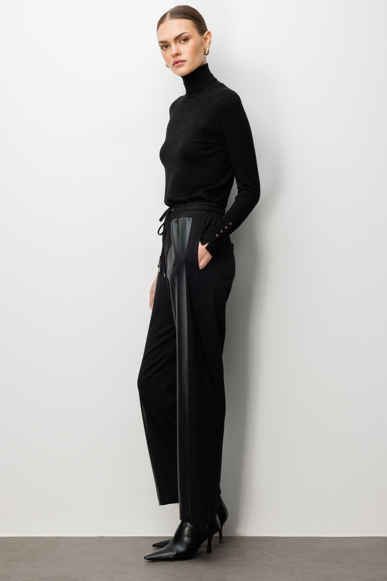 Modailgi  Deri Detaylı Beli Lastikli Pantolon - 15072 Siyah