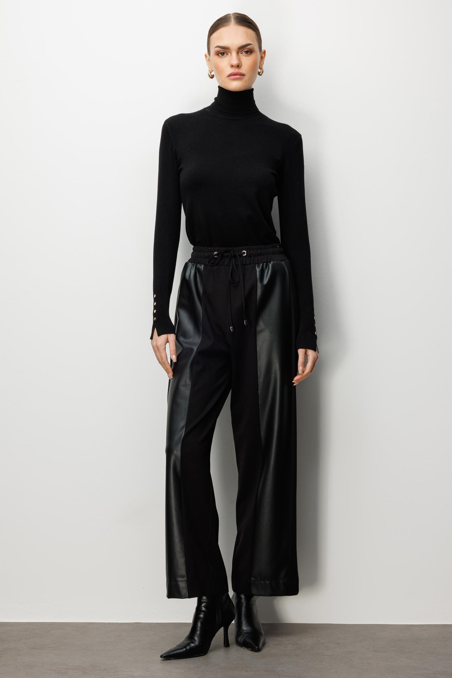 Modailgi  Deri Detaylı Beli Lastikli Pantolon - 15072 Siyah