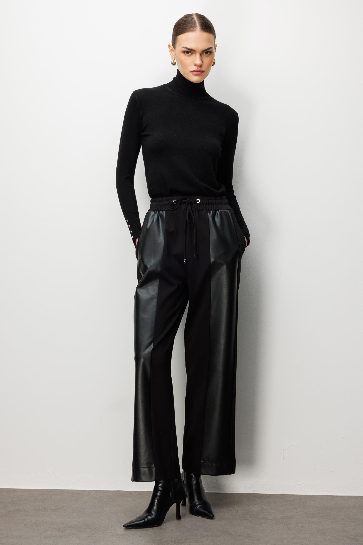 Modailgi  Deri Detaylı Beli Lastikli Pantolon - 15072 Siyah