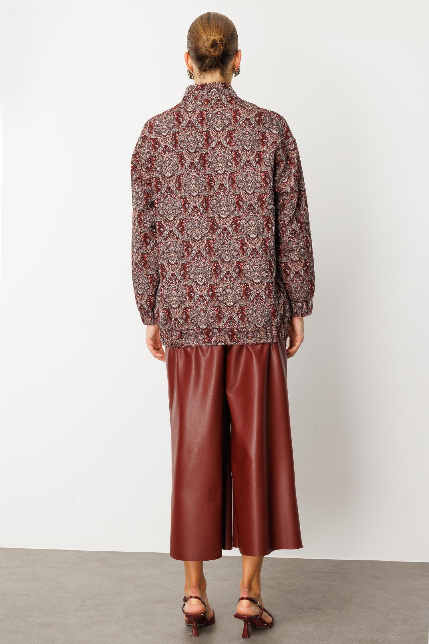 Modailgi  Deri Garni Detaylı Oversize Astarlı Jakar Kumaştan Bomber Ceket Bordo