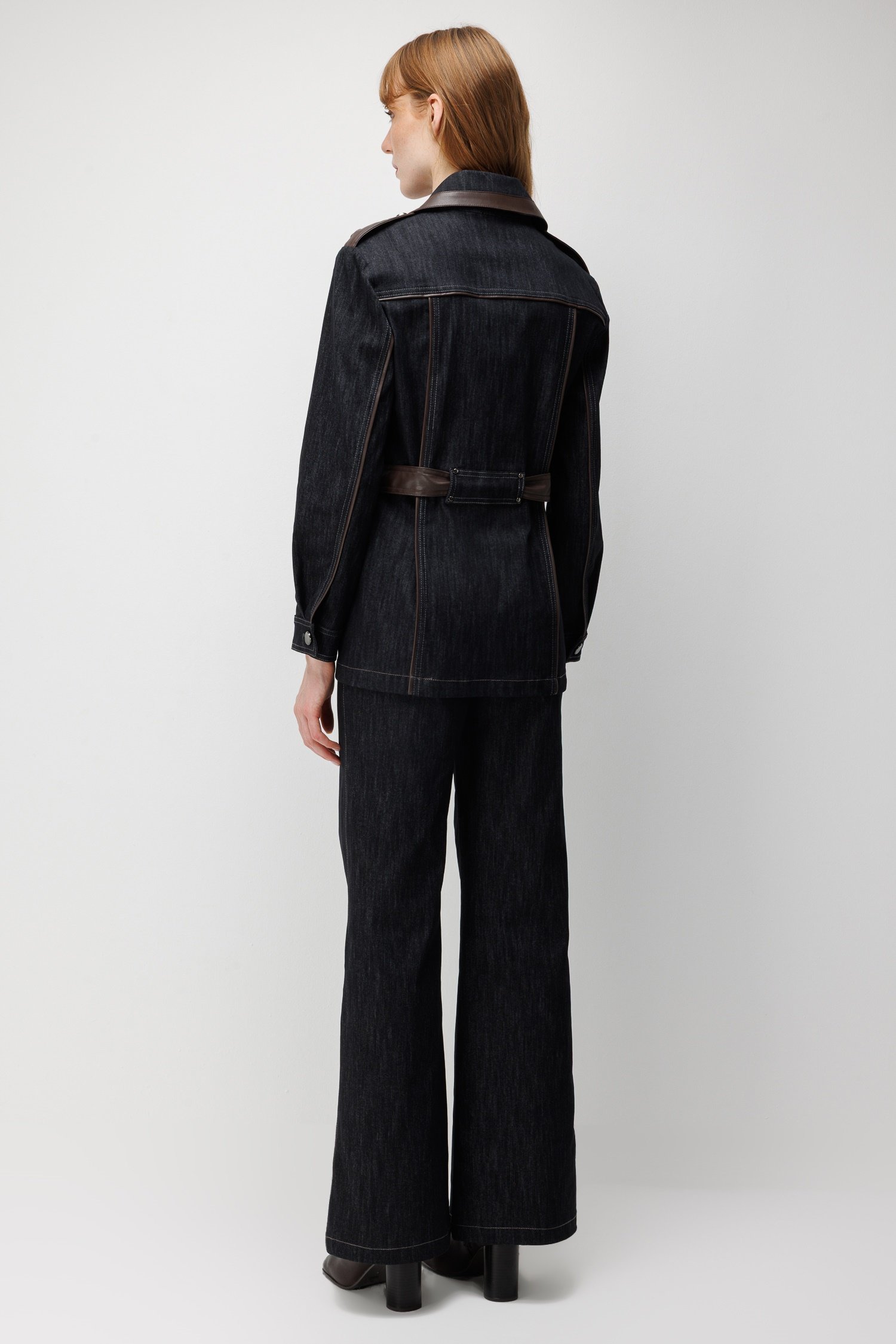 Modailgi  Deri Garnili Beli Kemerli Denim Ceket - 40120 Siyah