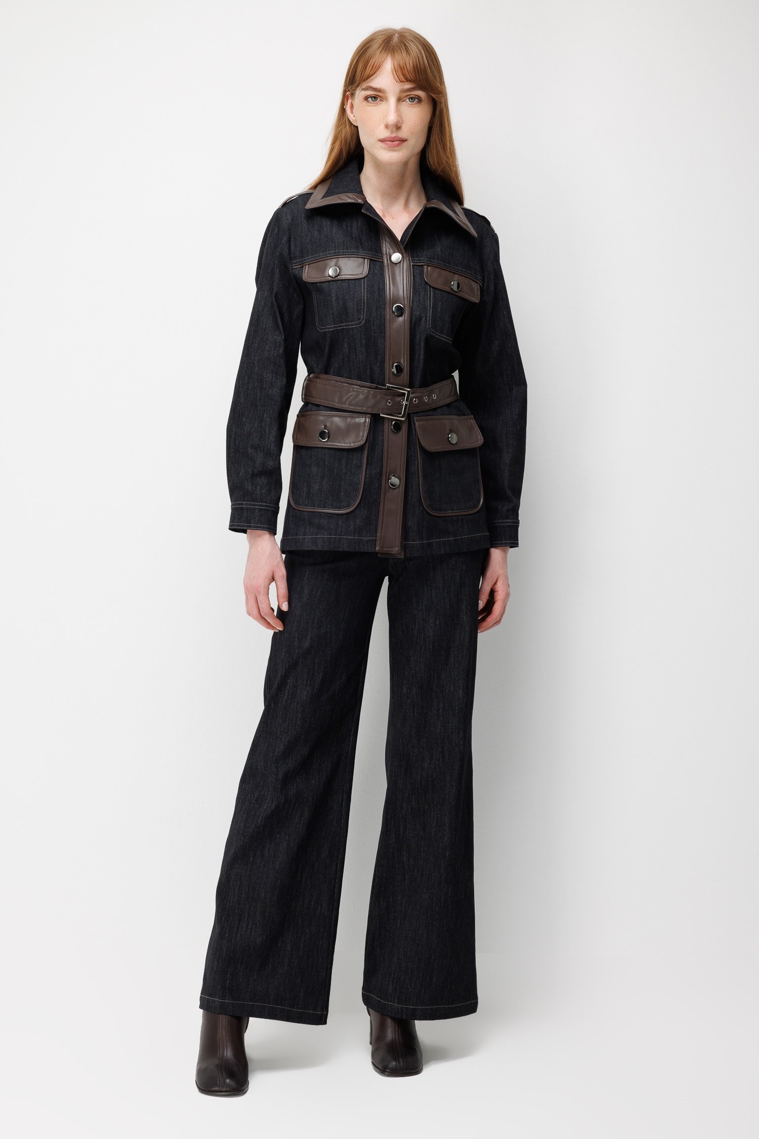 Modailgi  Deri Garnili Beli Kemerli Denim Ceket - 40120 Siyah