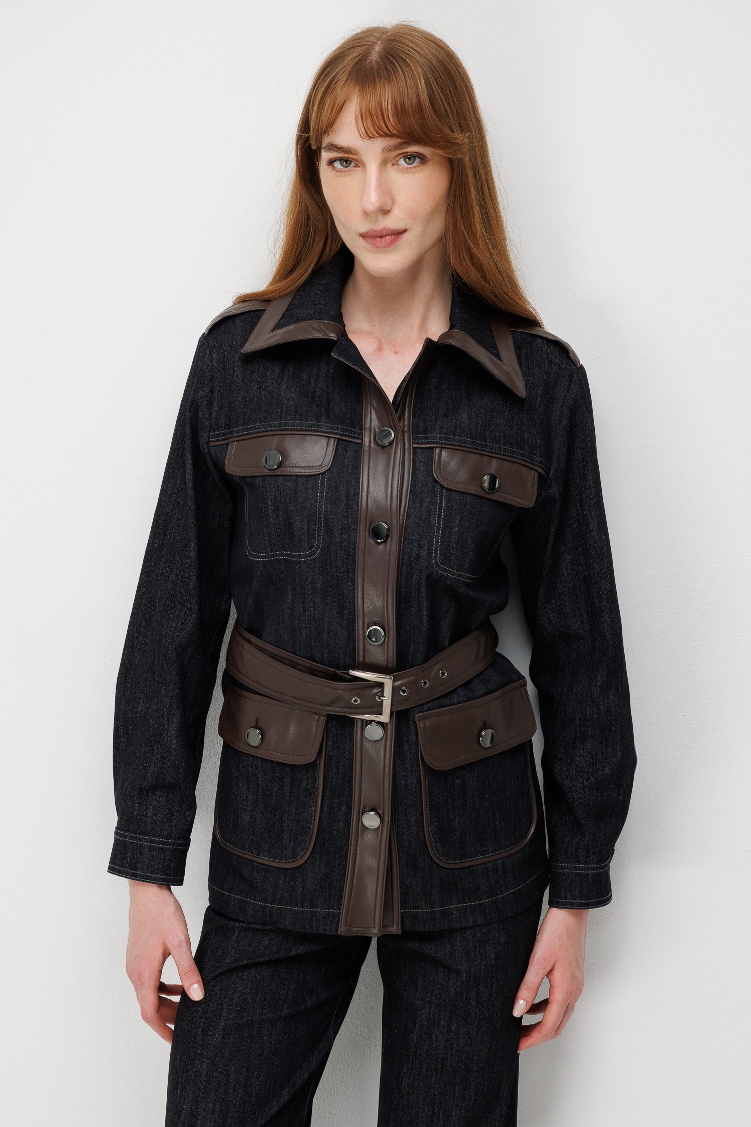 Modailgi  Deri Garnili Beli Kemerli Denim Ceket - 40120 Siyah