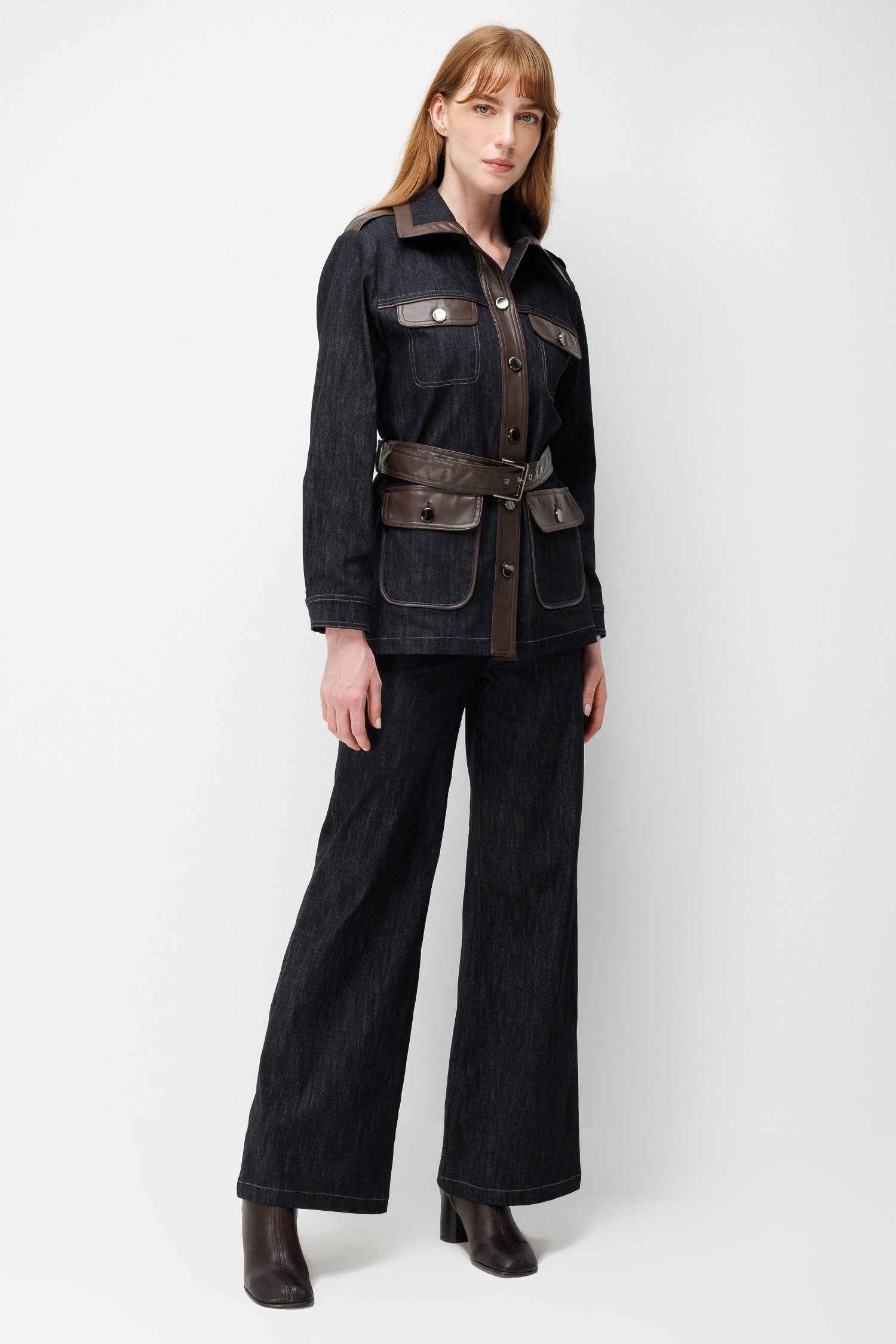 Modailgi  Deri Garnili Beli Kemerli Denim Ceket - 40120 Siyah