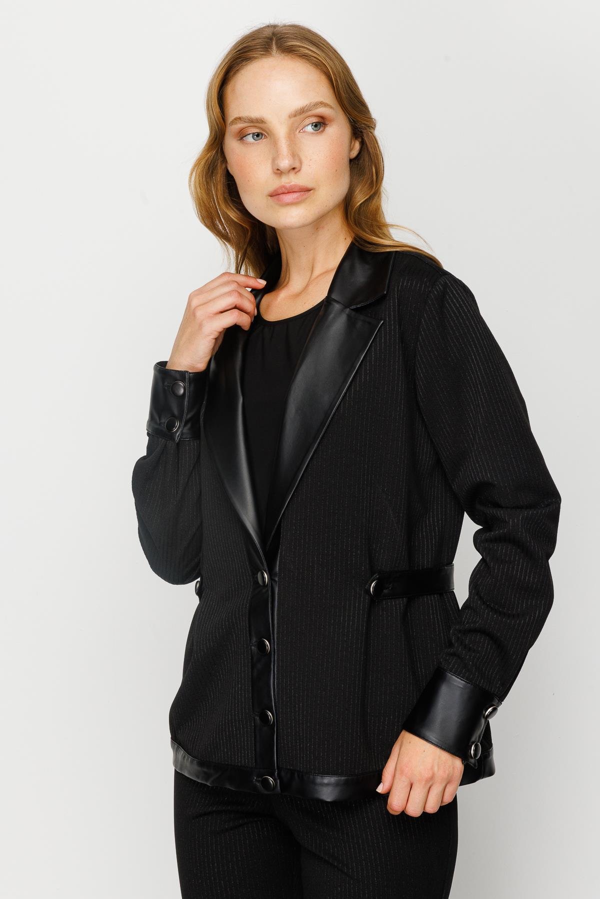 Modailgi  Deri Garnili Örme Ceket Siyah
