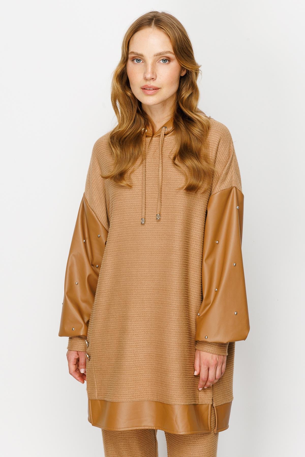 Modailgi  Deri Garnili Trok Detaylı Örme Tunik Camel