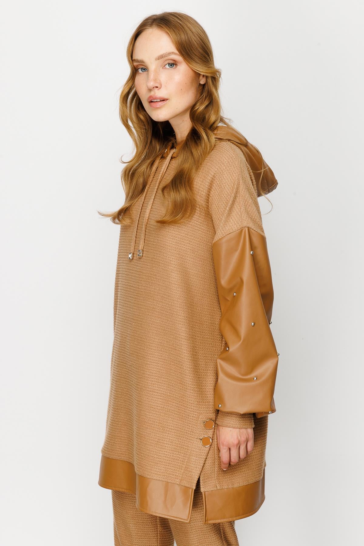 Modailgi  Deri Garnili Trok Detaylı Örme Tunik Camel