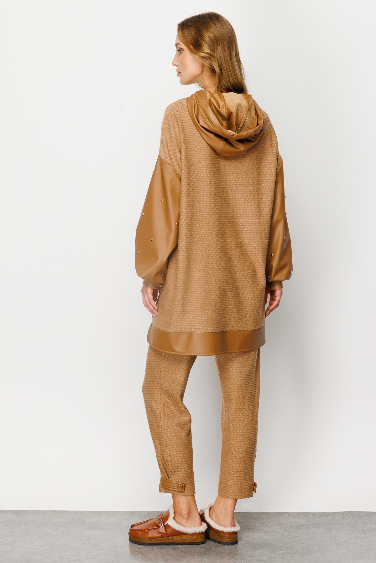 Modailgi  Deri Garnili Trok Detaylı Örme Tunik Camel