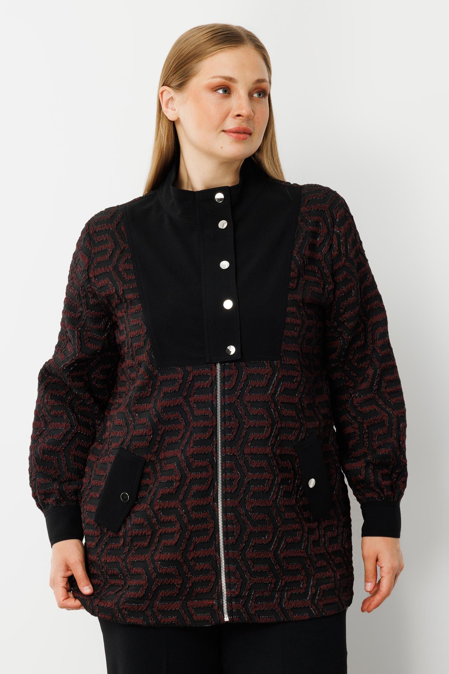 Modailgi  Desenli Gofre Kumaş Yakası Çıtçıtlı Tunik Bordo